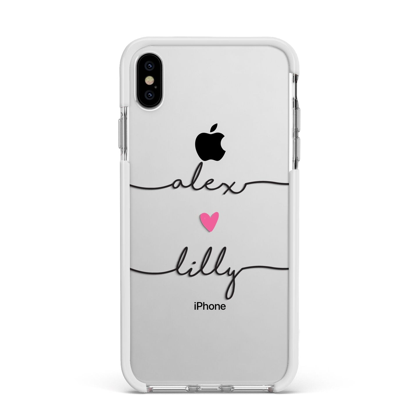 Personalised Two Names For Couples Heart Clear Apple iPhone Xs Max Impact Case White Edge on Silver Phone