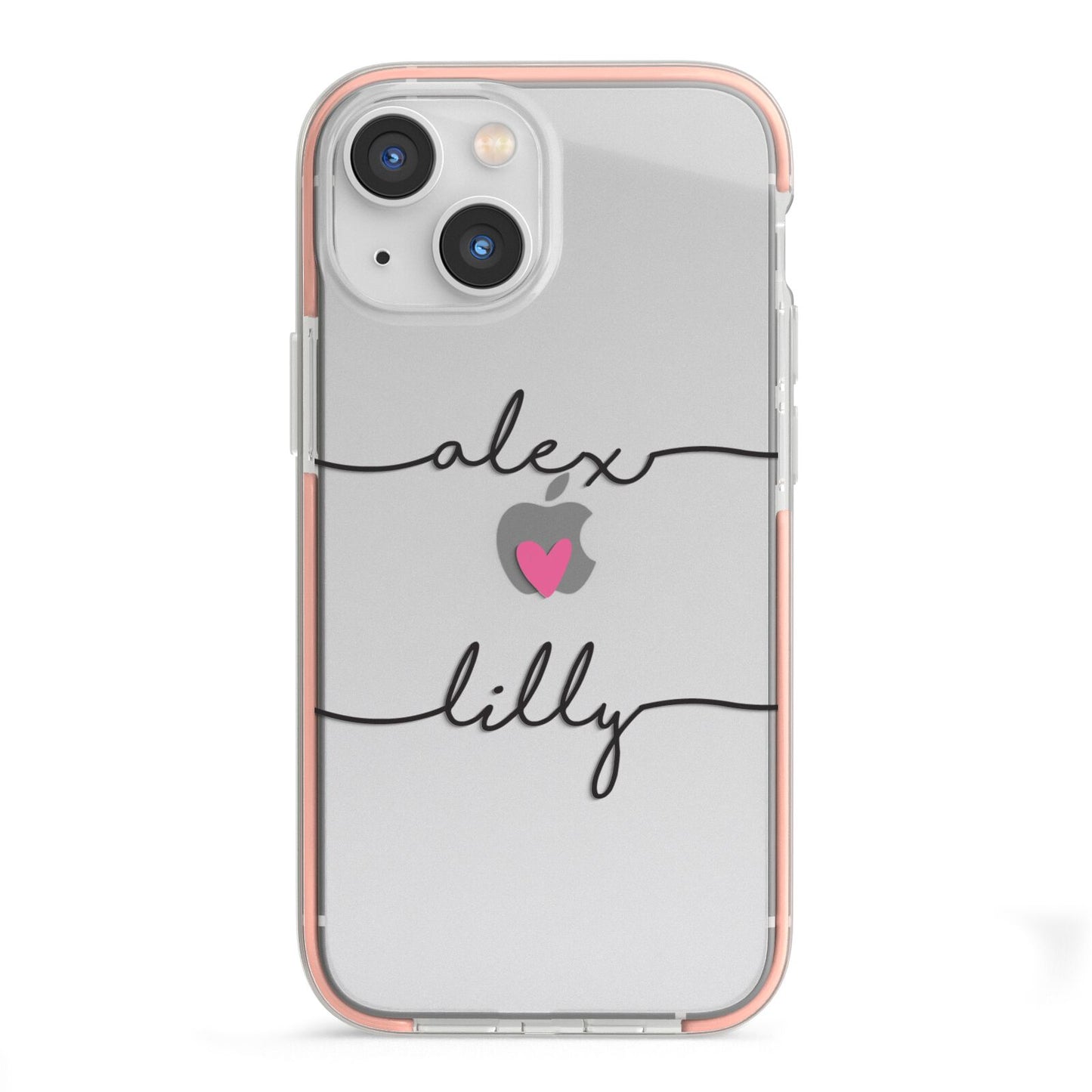 Personalised Two Names For Couples Heart Clear iPhone 13 Mini TPU Impact Case with Pink Edges