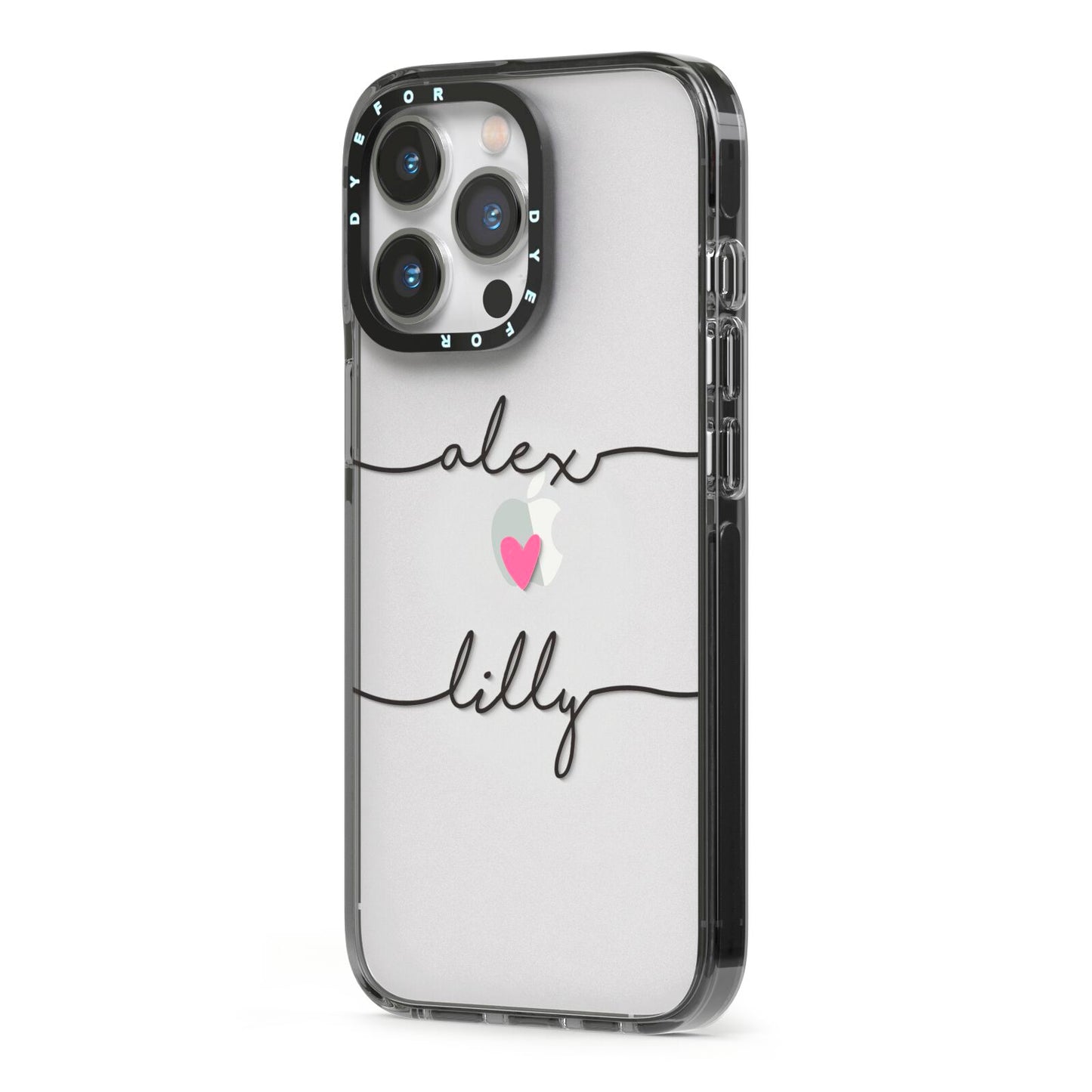 Personalised Two Names For Couples Heart Clear iPhone 13 Pro Black Impact Case Side Angle on Silver phone