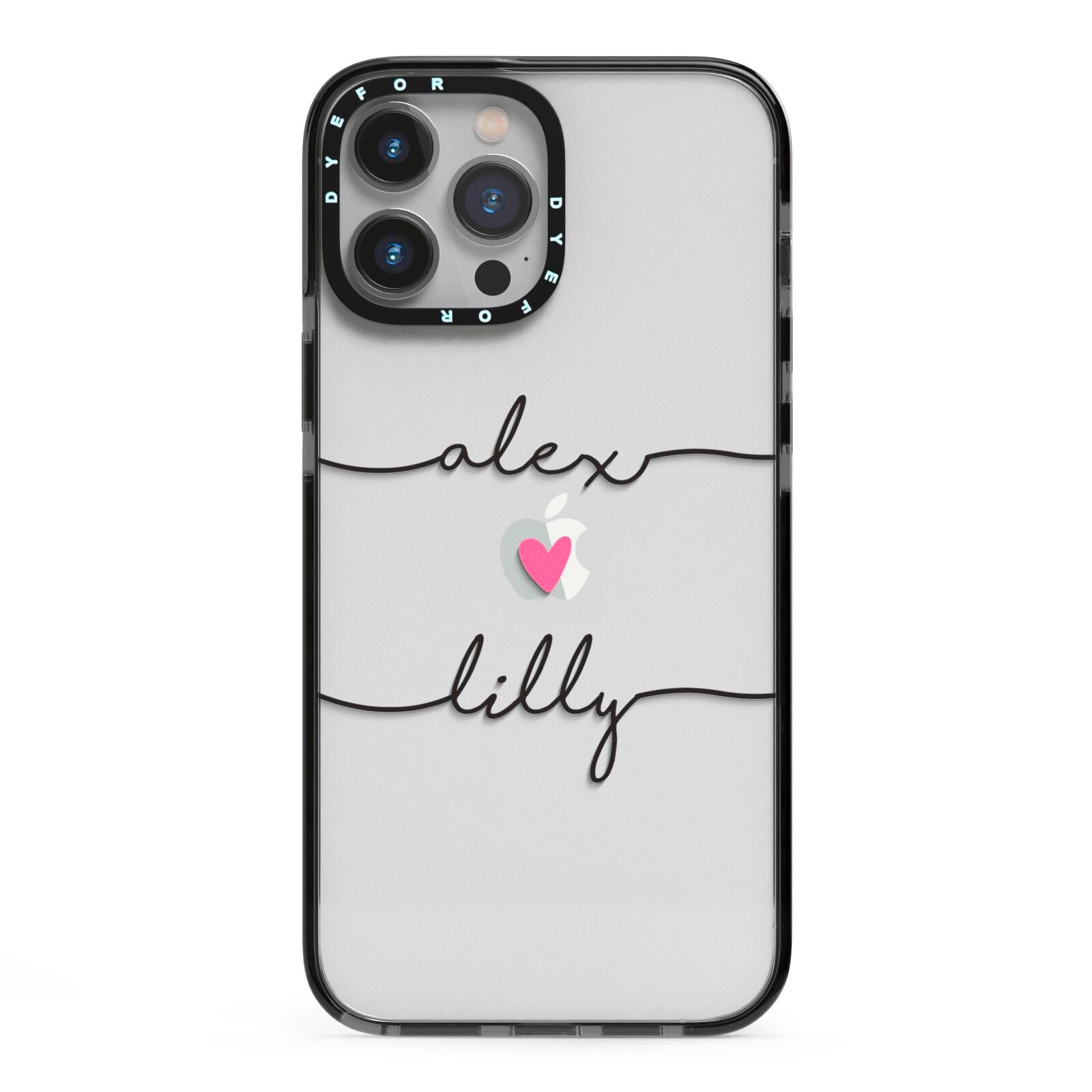 Personalised Two Names For Couples Heart Clear iPhone 13 Pro Max Black Impact Case on Silver phone