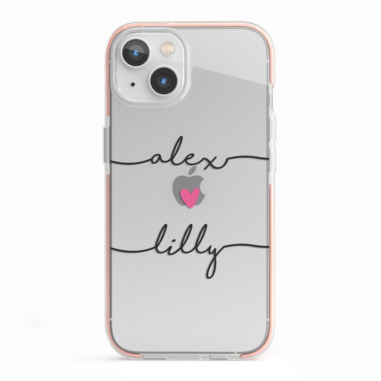 Personalised Two Names For Couples Heart Clear iPhone 13 TPU Impact Case with Pink Edges