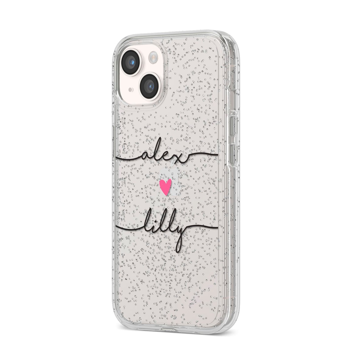 Personalised Two Names For Couples Heart Clear iPhone 14 Glitter Tough Case Starlight Angled Image