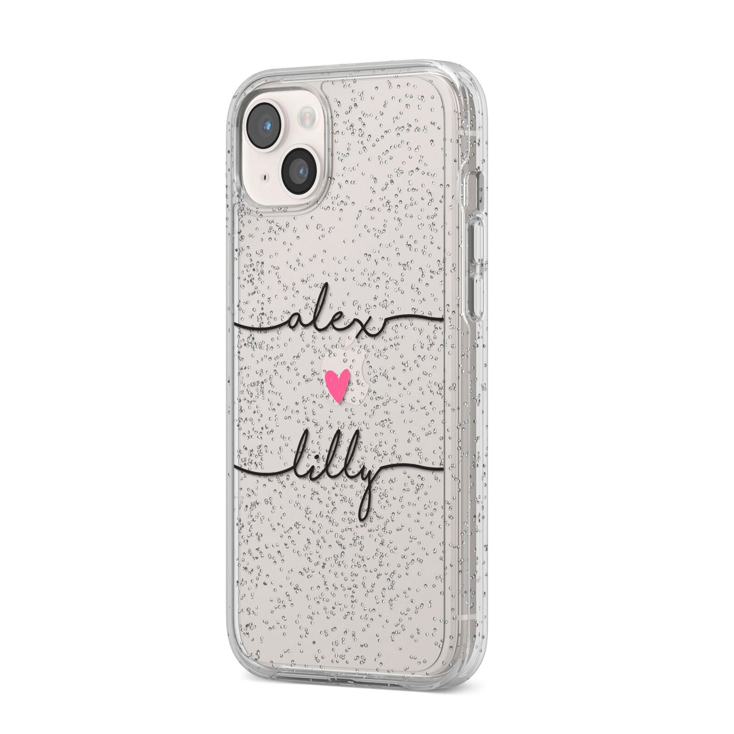 Personalised Two Names For Couples Heart Clear iPhone 14 Plus Glitter Tough Case Starlight Angled Image