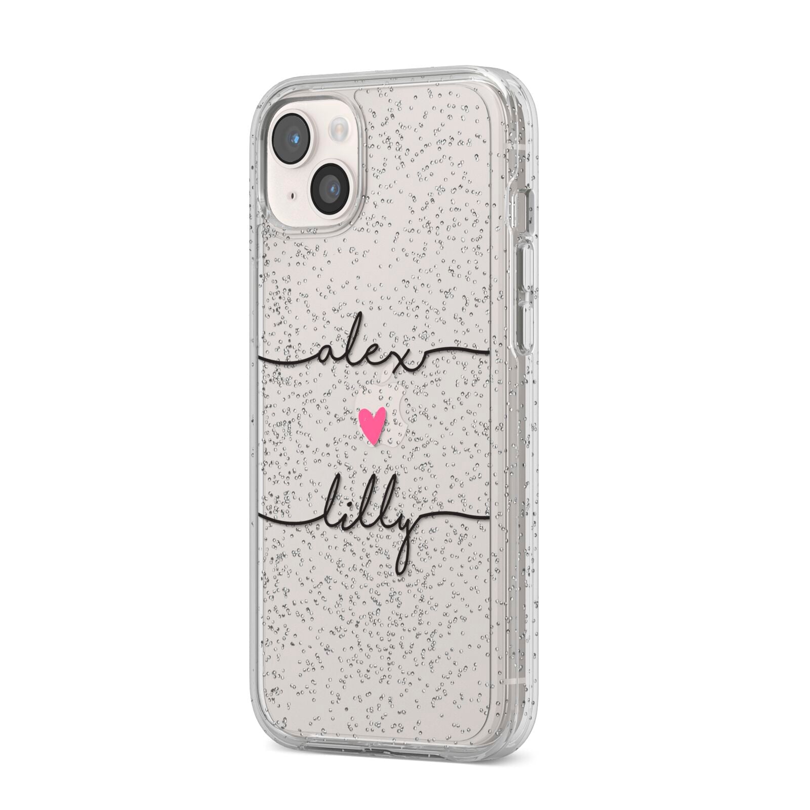 Personalised Two Names For Couples Heart Clear iPhone 14 Plus Glitter Tough Case Starlight Angled Image