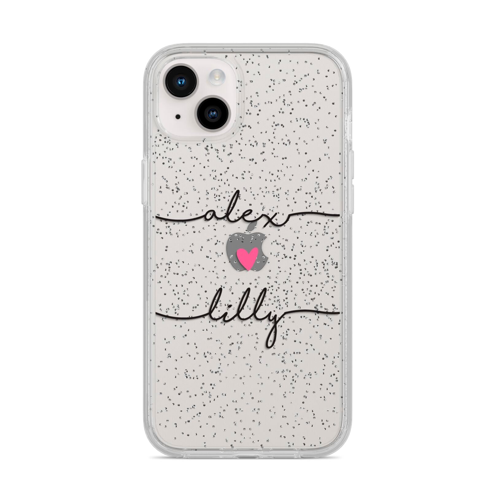 Personalised Two Names For Couples Heart Clear iPhone 14 Plus Glitter Tough Case Starlight