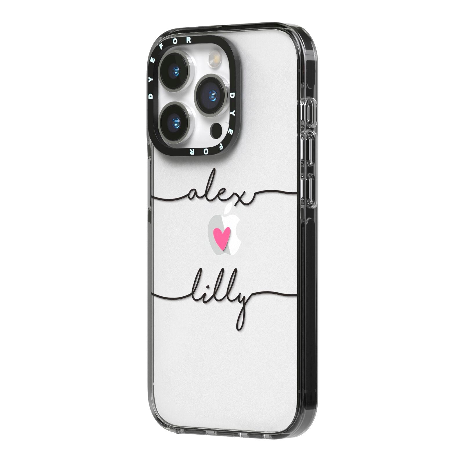 Personalised Two Names For Couples Heart Clear iPhone 14 Pro Black Impact Case Side Angle on Silver phone