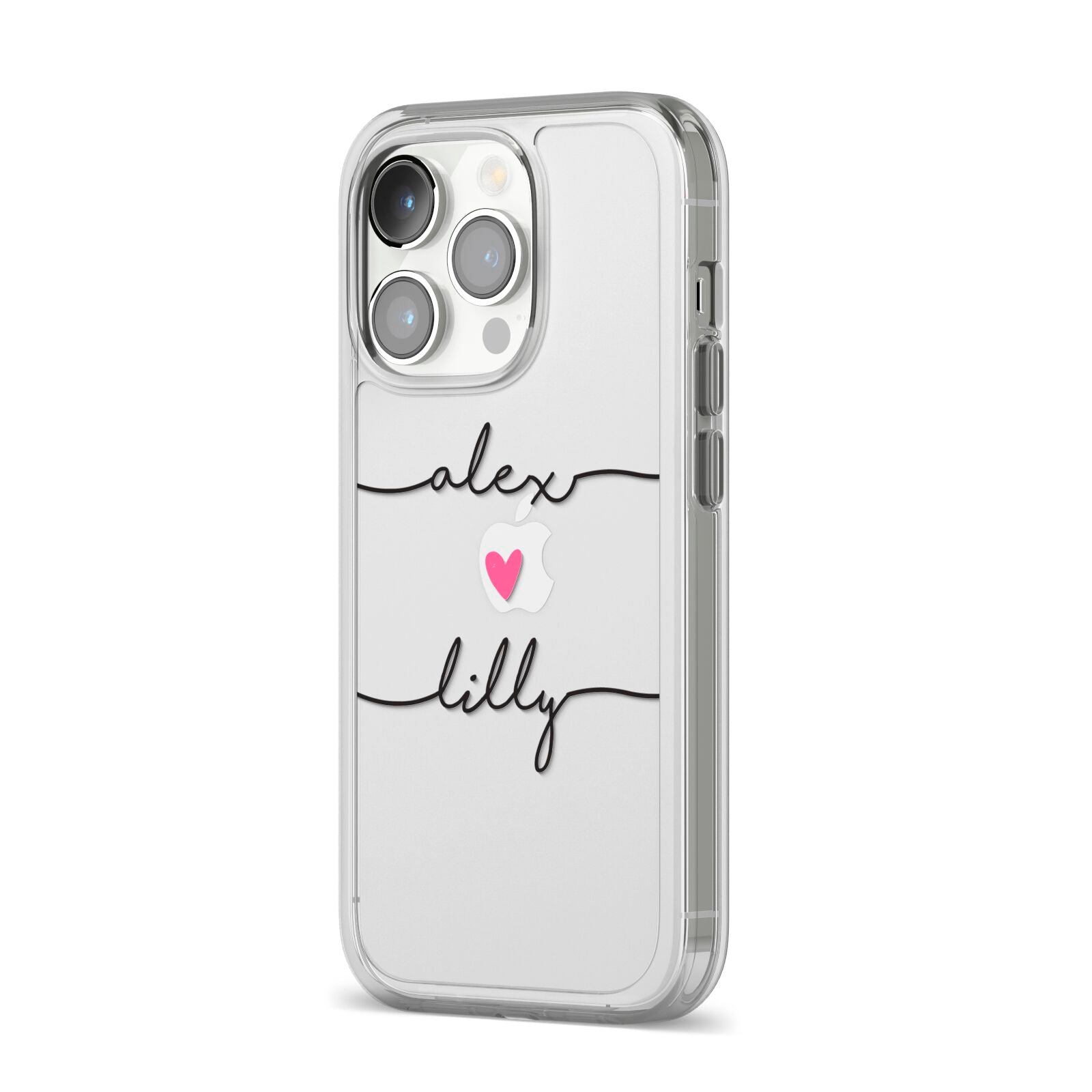 Personalised Two Names For Couples Heart Clear iPhone 14 Pro Clear Tough Case Silver Angled Image