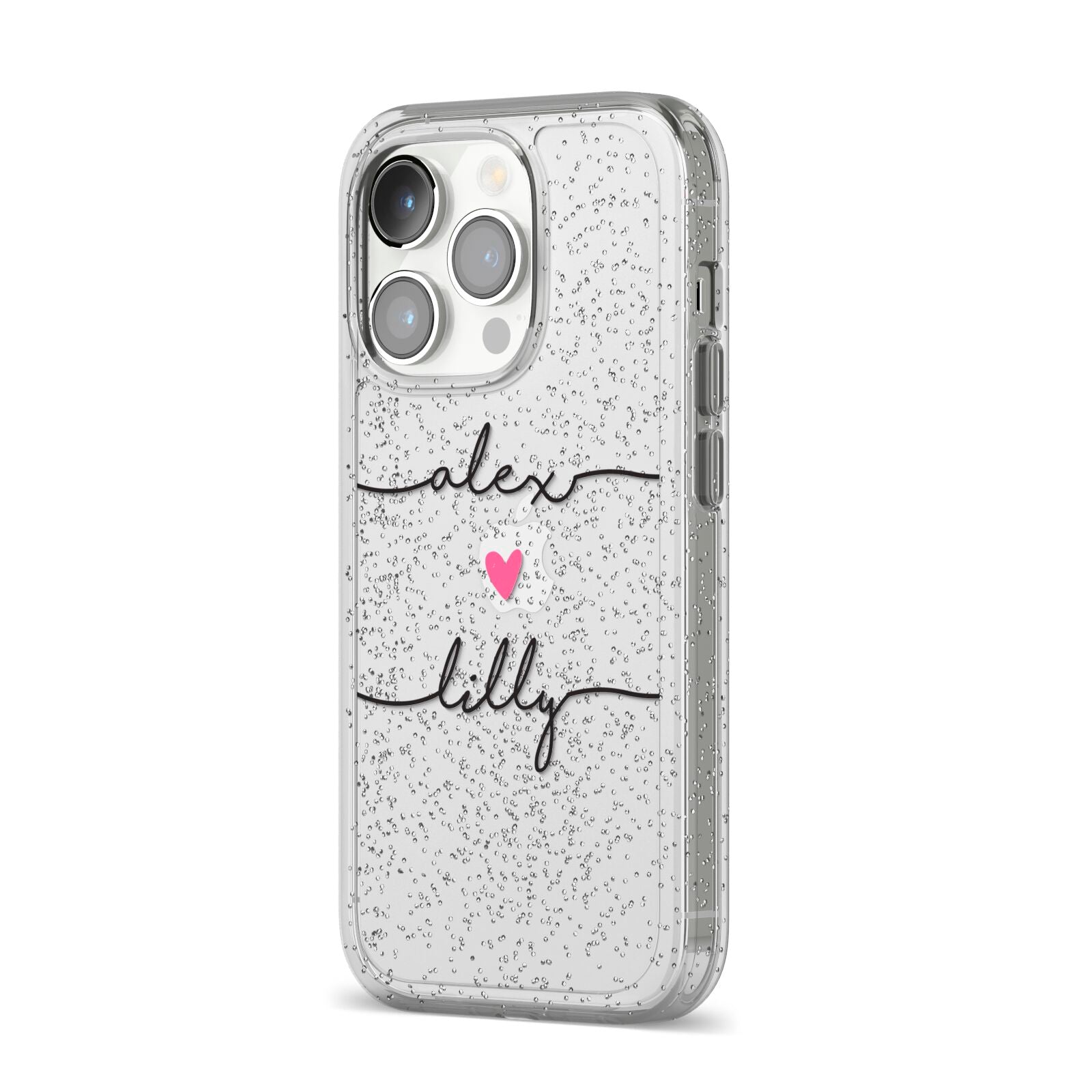 Personalised Two Names For Couples Heart Clear iPhone 14 Pro Glitter Tough Case Silver Angled Image