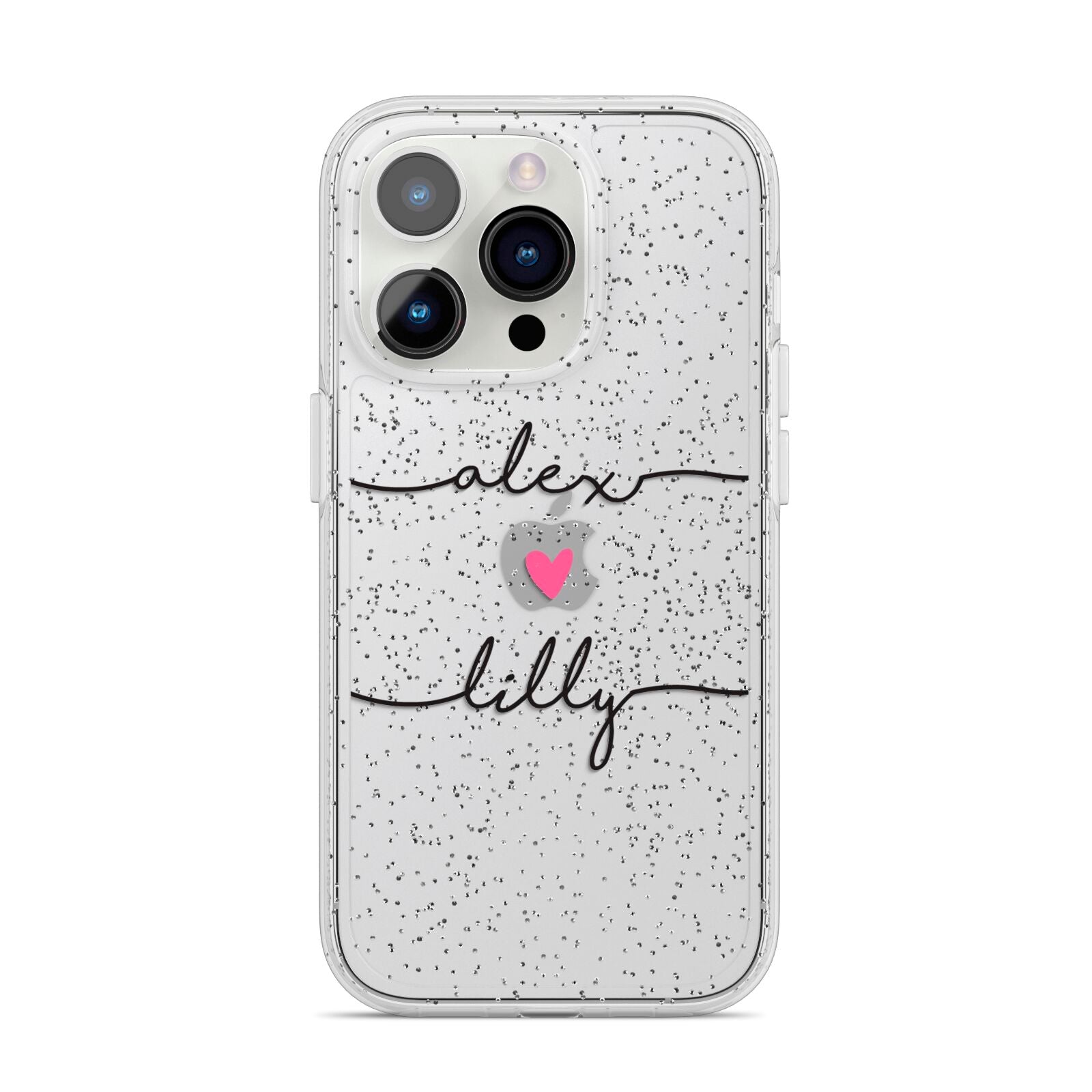 Personalised Two Names For Couples Heart Clear iPhone 14 Pro Glitter Tough Case Silver