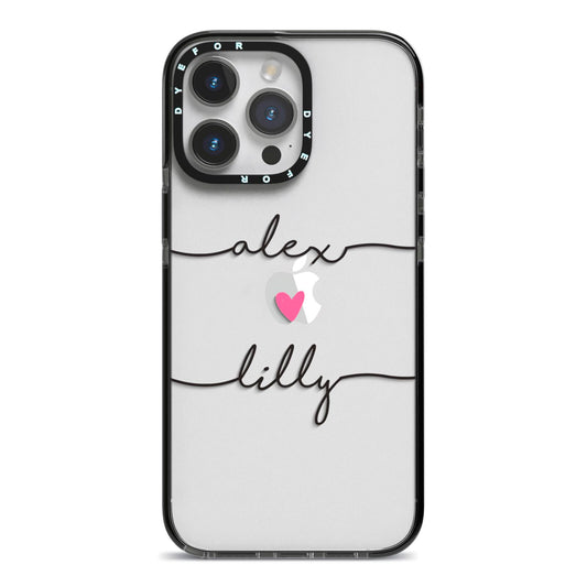 Personalised Two Names For Couples Heart Clear iPhone 14 Pro Max Black Impact Case on Silver phone