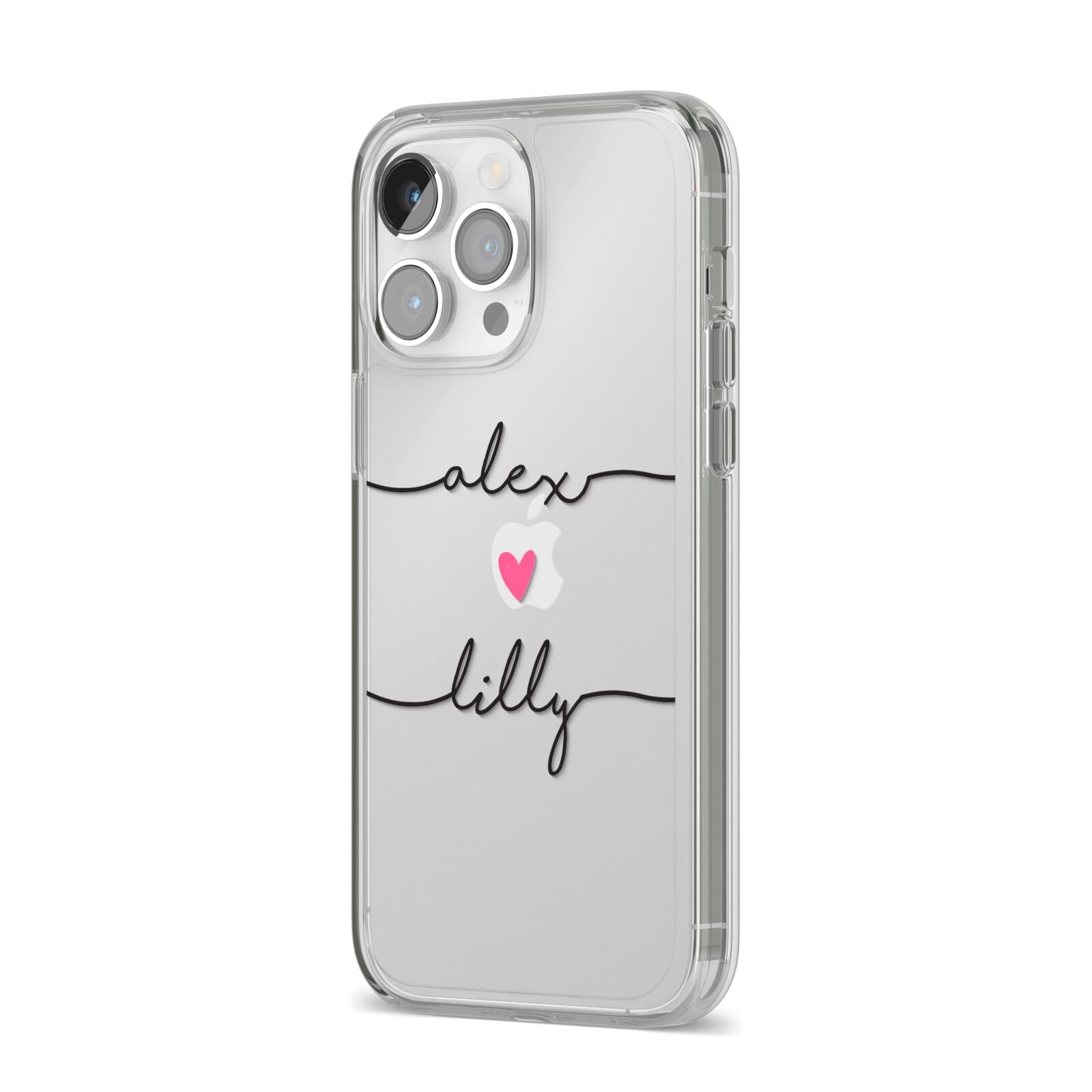 Personalised Two Names For Couples Heart Clear iPhone 14 Pro Max Clear Tough Case Silver Angled Image