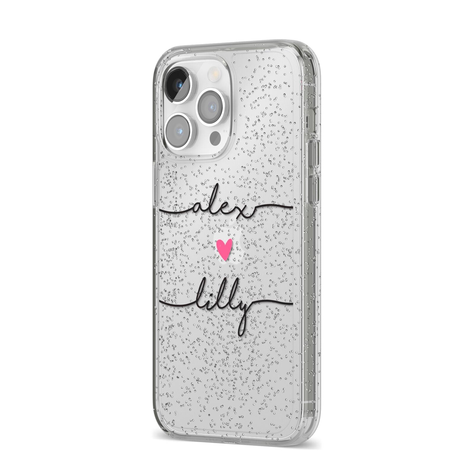 Personalised Two Names For Couples Heart Clear iPhone 14 Pro Max Glitter Tough Case Silver Angled Image