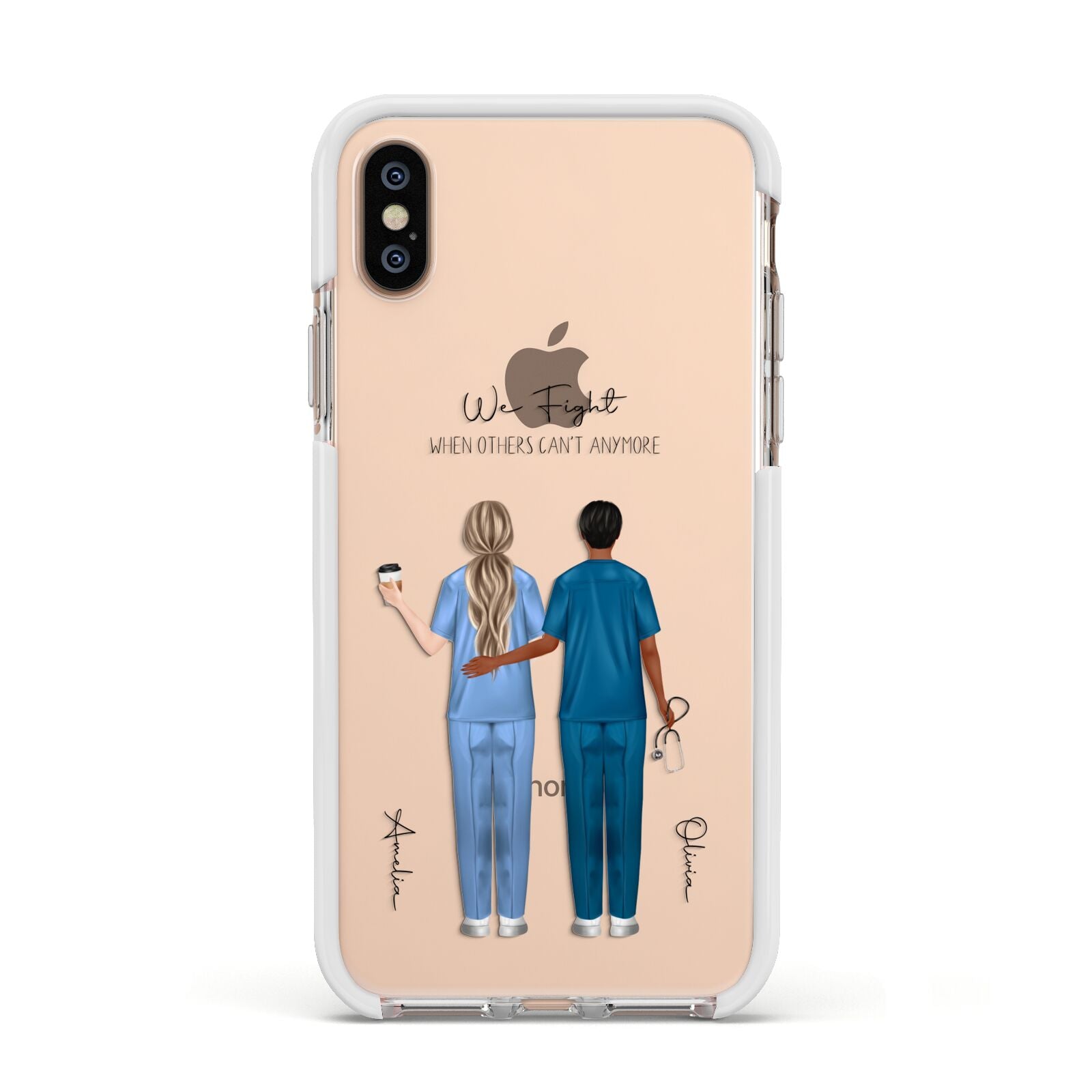 Personalised Two Nurses Apple iPhone Xs Impact Case White Edge on Gold Phone