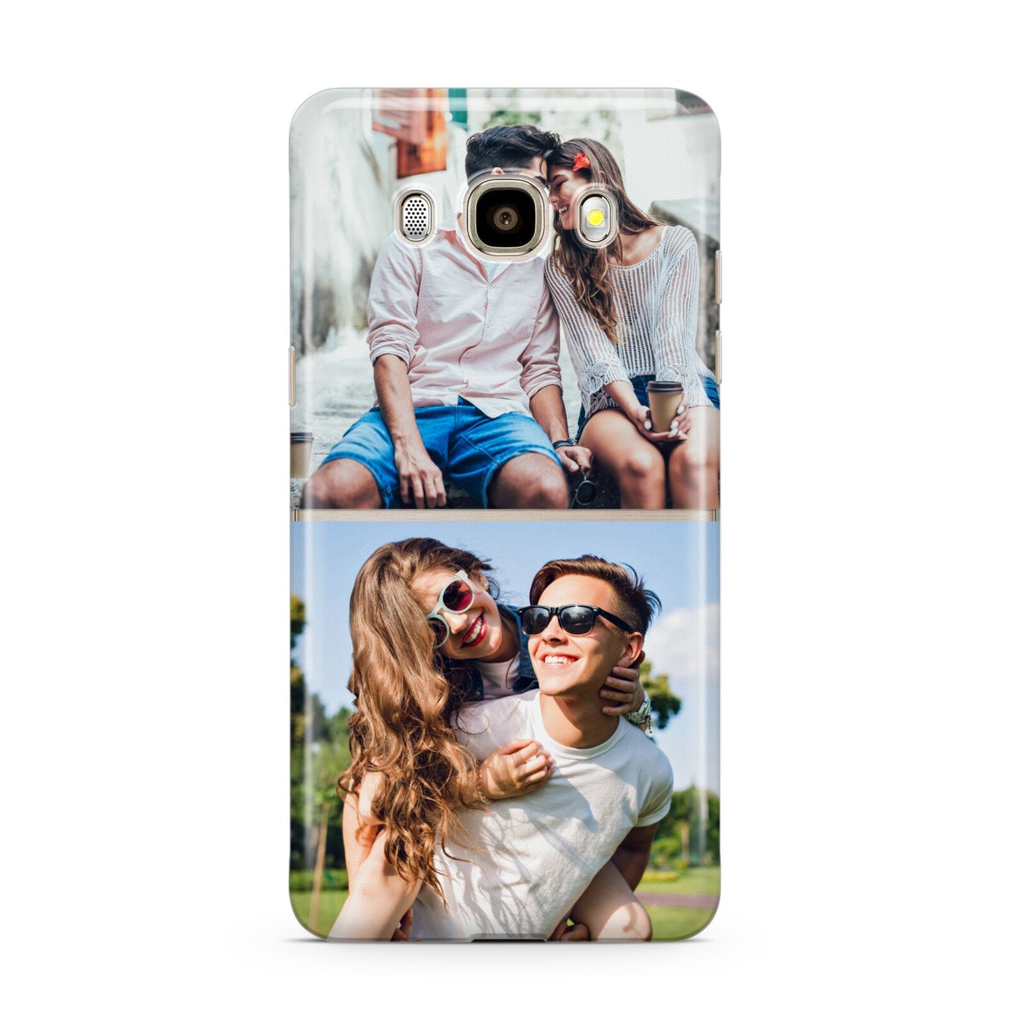 Personalised Two Photos Collage Samsung Galaxy J7 2016 Case on gold phone