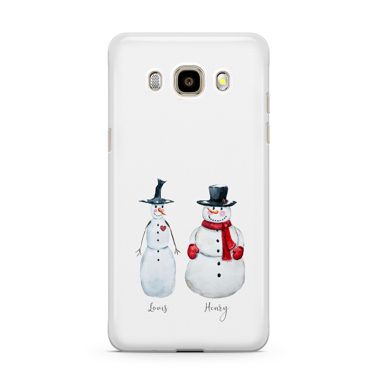 Personalised Two Snowmen Samsung Galaxy J7 2016 Case on gold phone