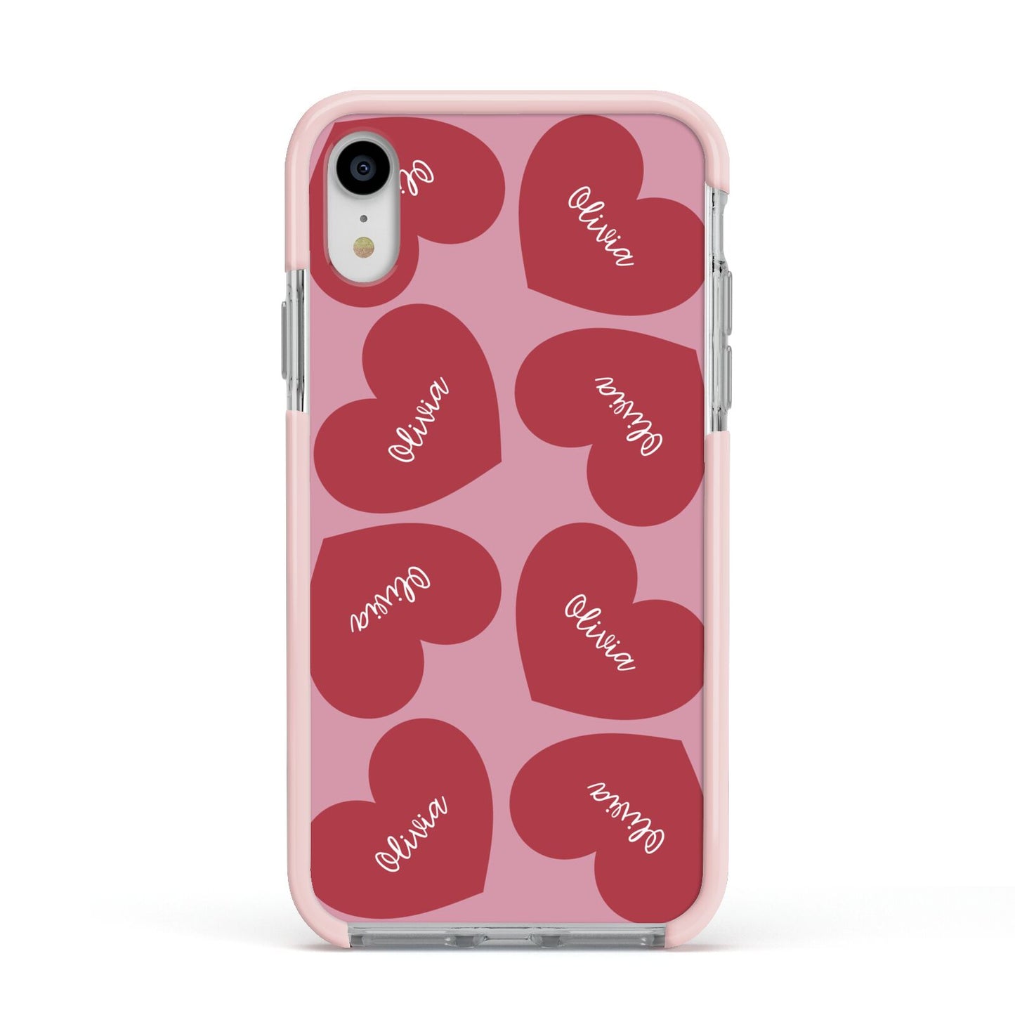 Personalised Valentine Heart Apple iPhone XR Impact Case Pink Edge on Silver Phone