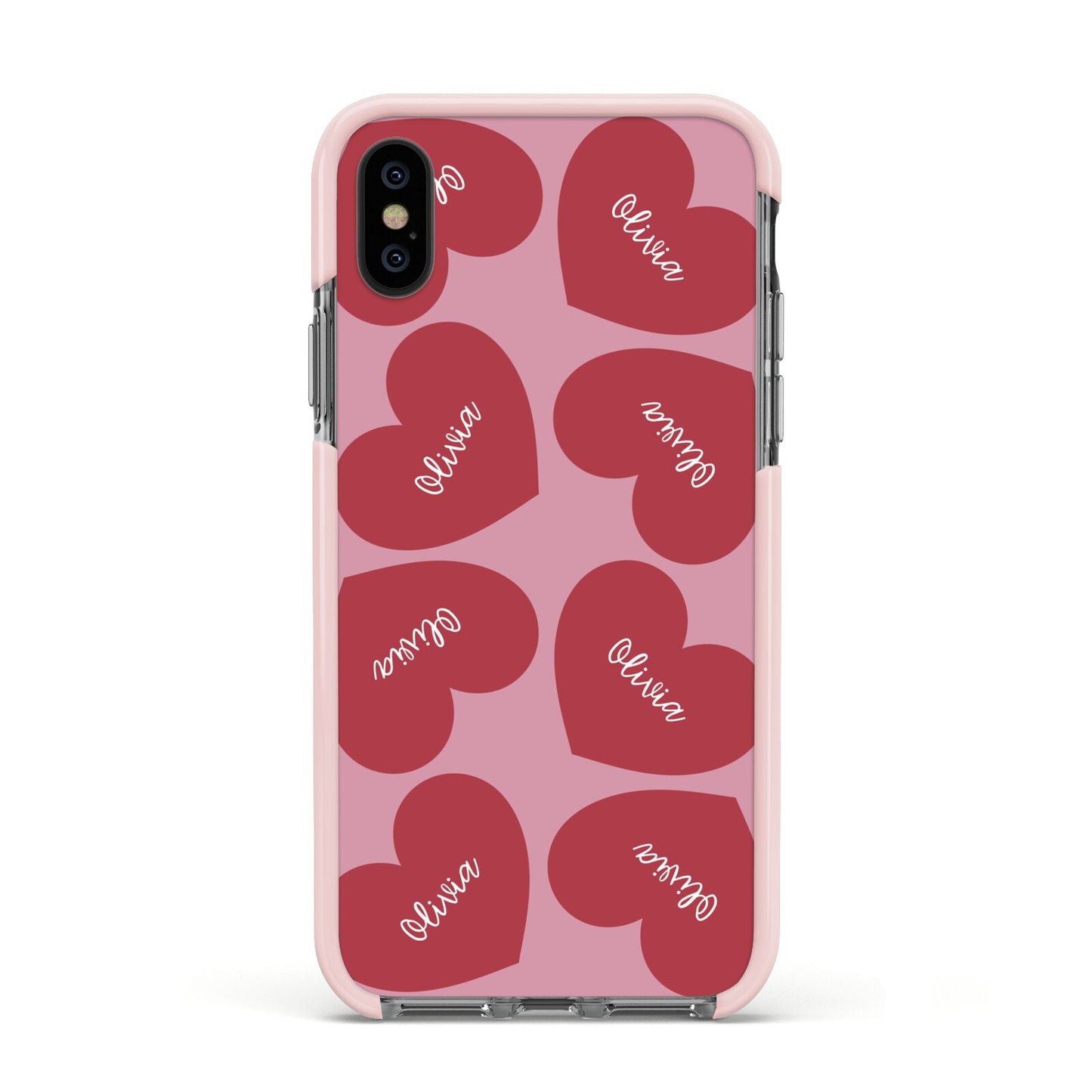 Personalised Valentine Heart Apple iPhone Xs Impact Case Pink Edge on Black Phone