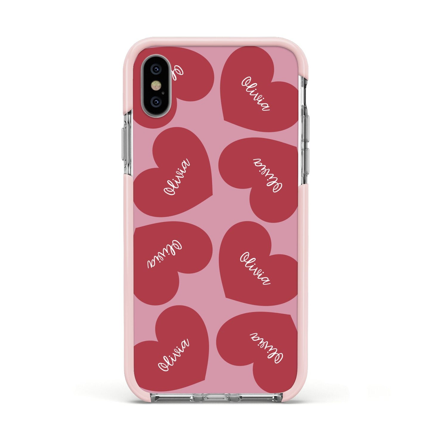 Personalised Valentine Heart Apple iPhone Xs Impact Case Pink Edge on Silver Phone