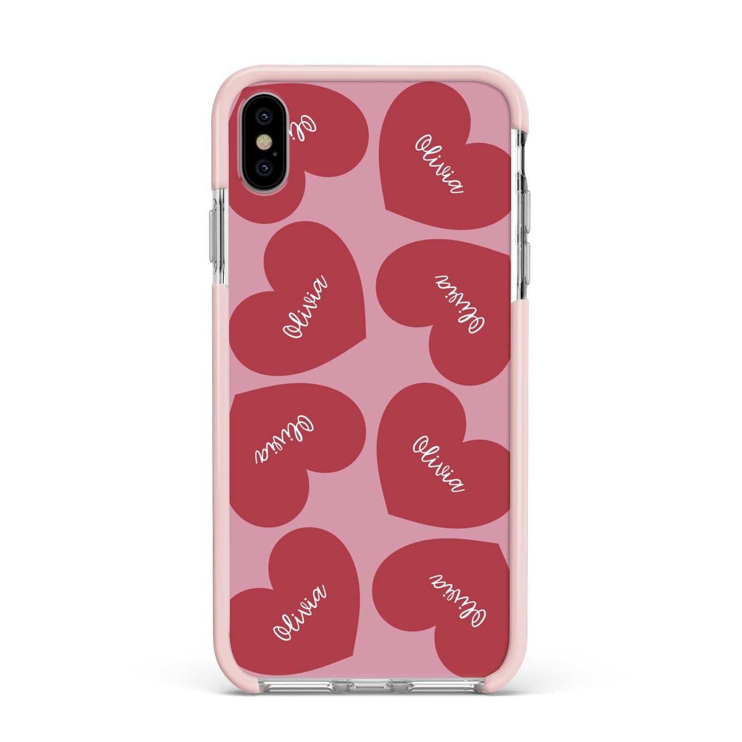 Personalised Valentine Heart Apple iPhone Xs Max Impact Case Pink Edge on Silver Phone