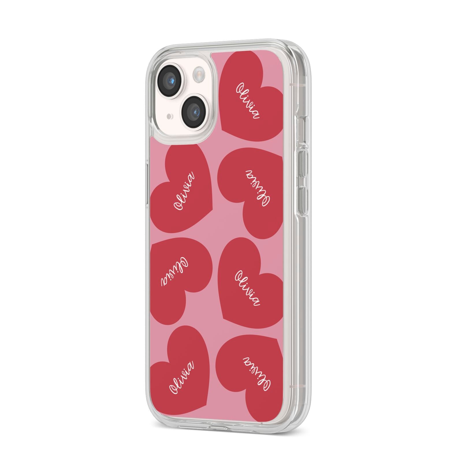 Personalised Valentine Heart iPhone 14 Clear Tough Case Starlight Angled Image