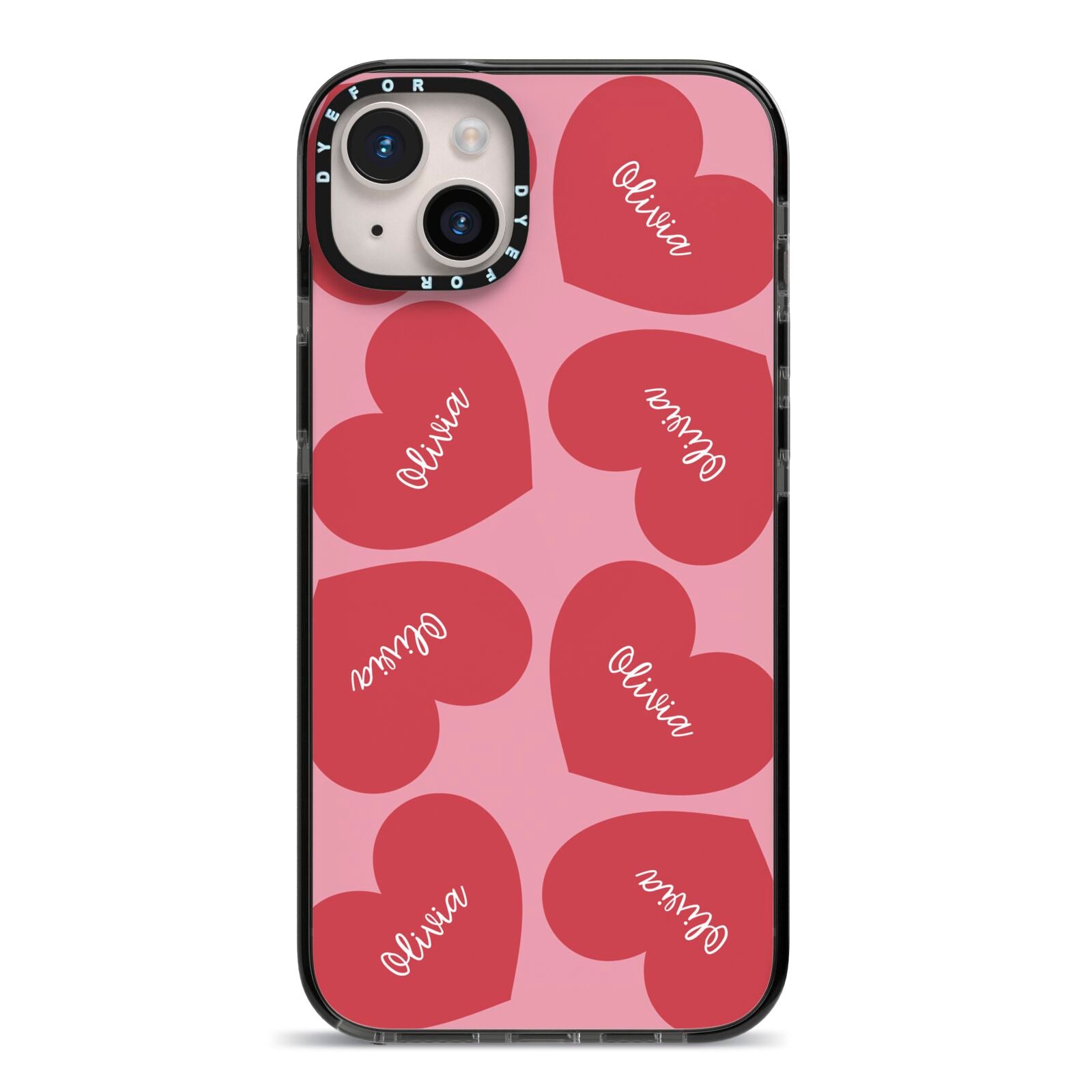 Personalised Valentine Heart iPhone 14 Plus Black Impact Case on Silver phone