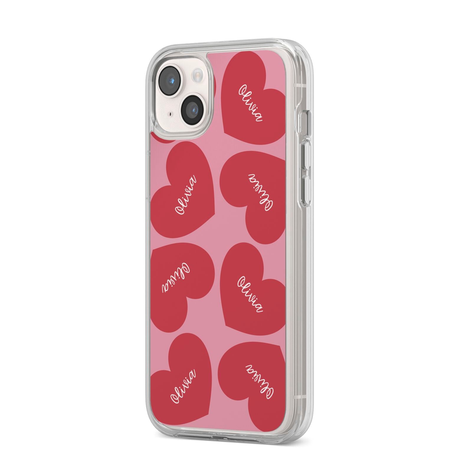 Personalised Valentine Heart iPhone 14 Plus Clear Tough Case Starlight Angled Image