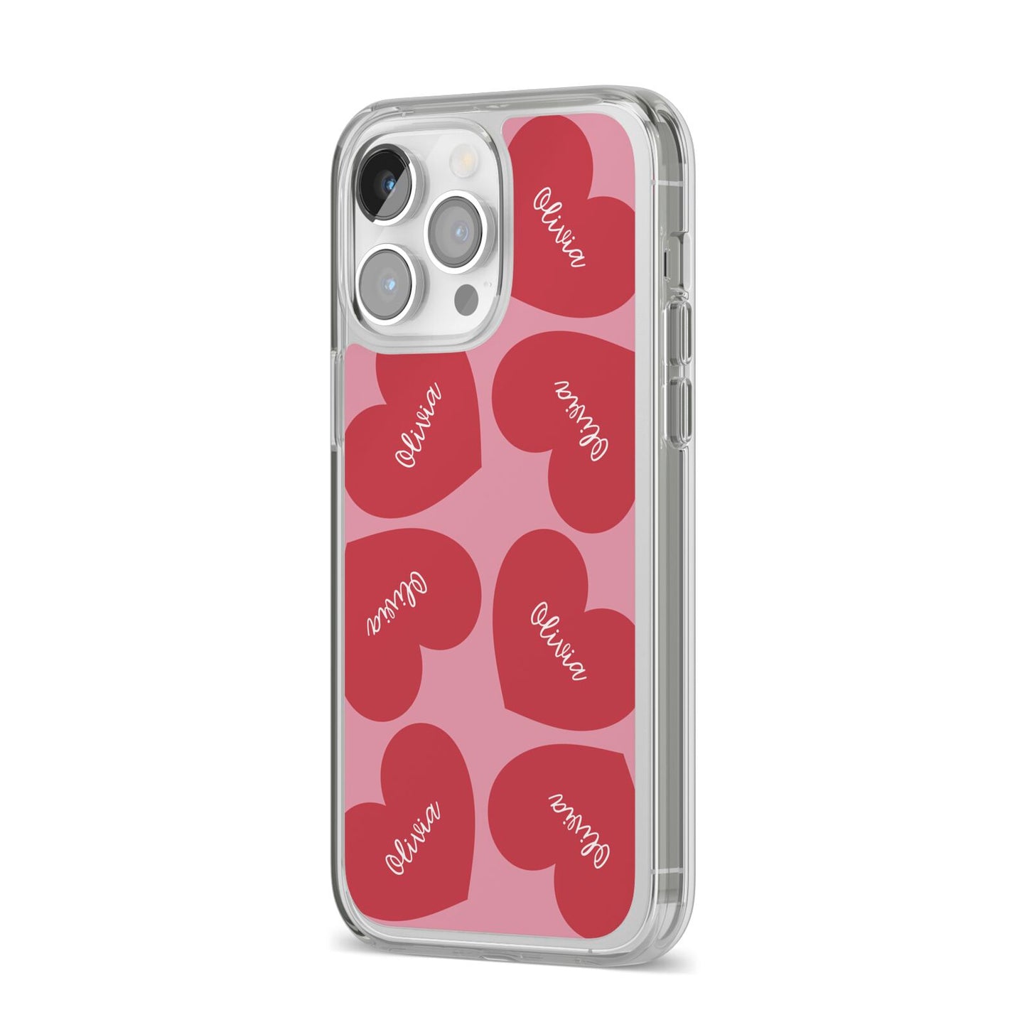 Personalised Valentine Heart iPhone 14 Pro Max Clear Tough Case Silver Angled Image