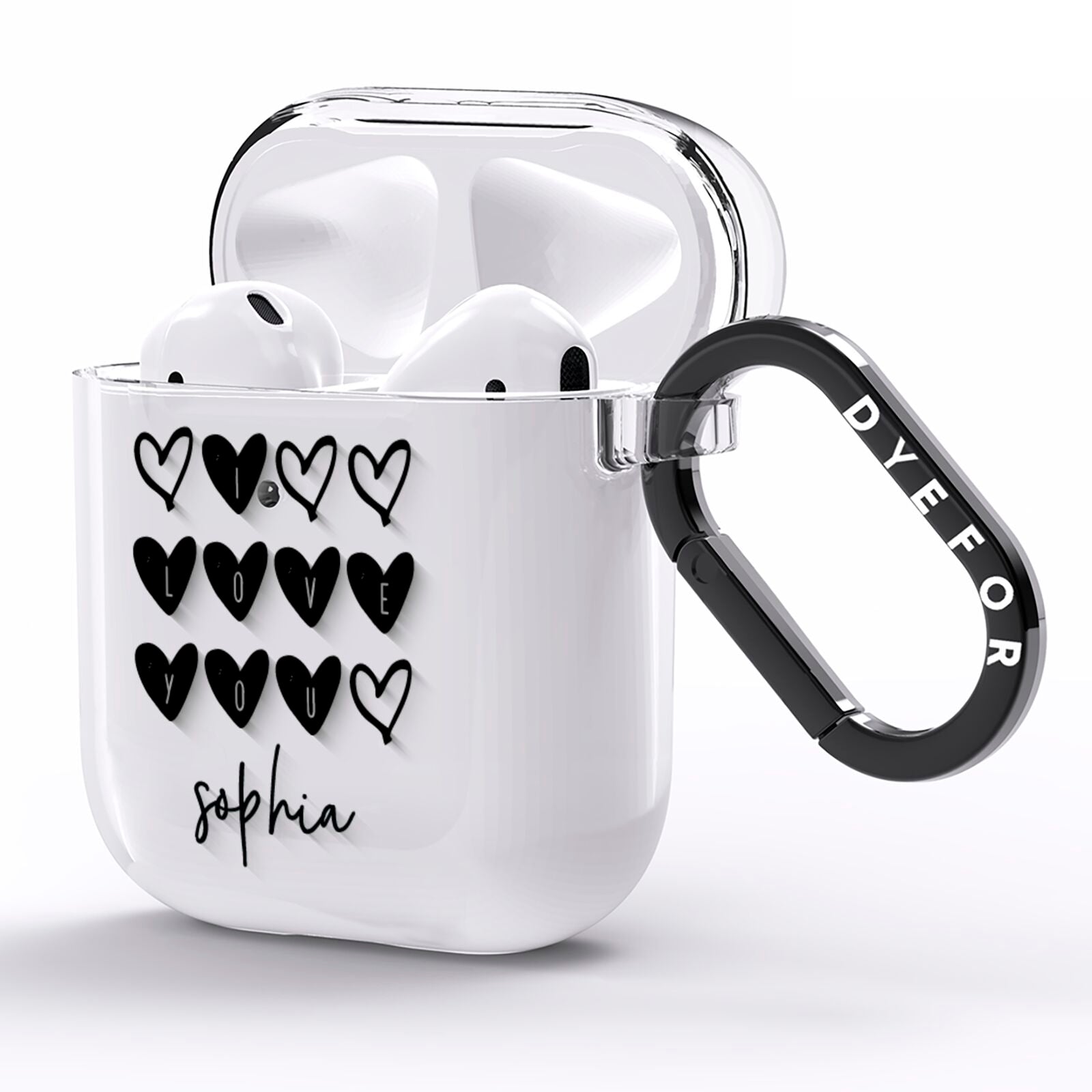 Personalised Valentine Hearts Name Black AirPods Clear Case Side Image