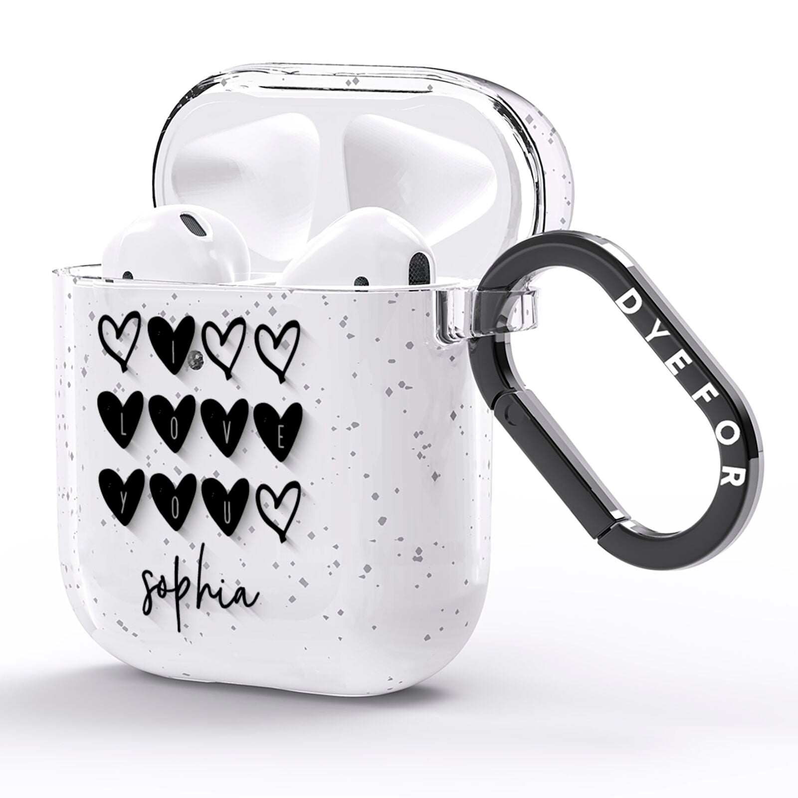 Personalised Valentine Hearts Name Black AirPods Glitter Case Side Image