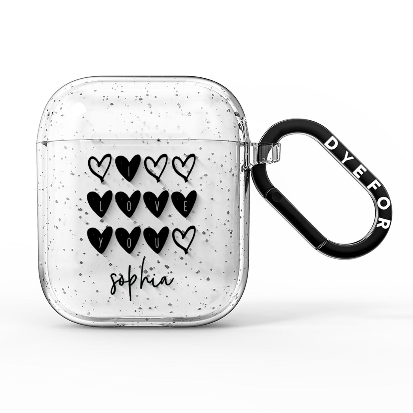 Personalised Valentine Hearts Name Black AirPods Glitter Case