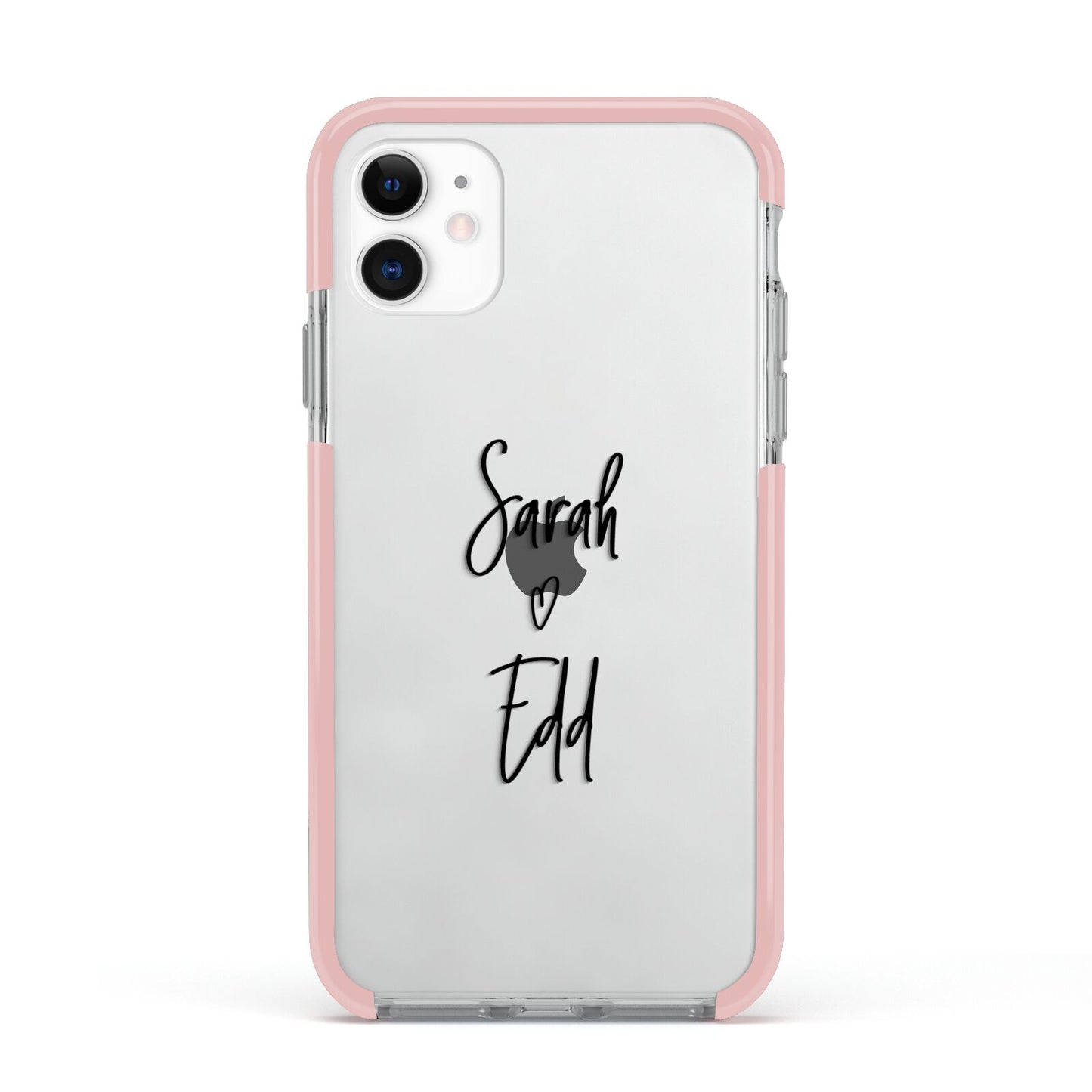 Personalised Valentines Couple Names Black Apple iPhone 11 in White with Pink Impact Case