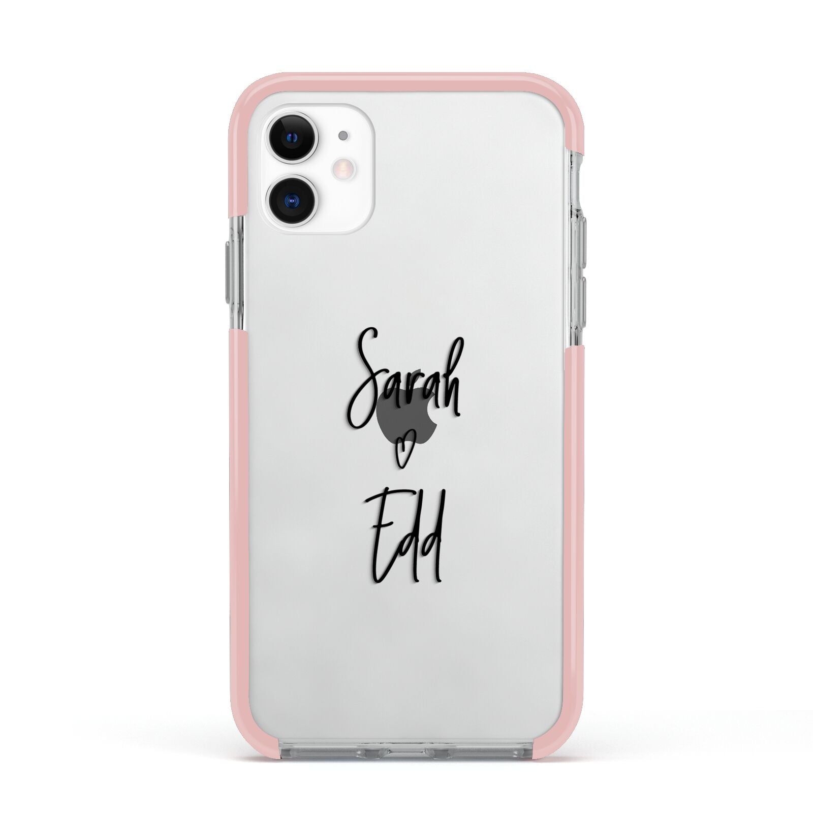 Personalised Valentines Couple Names Black Apple iPhone 11 in White with Pink Impact Case