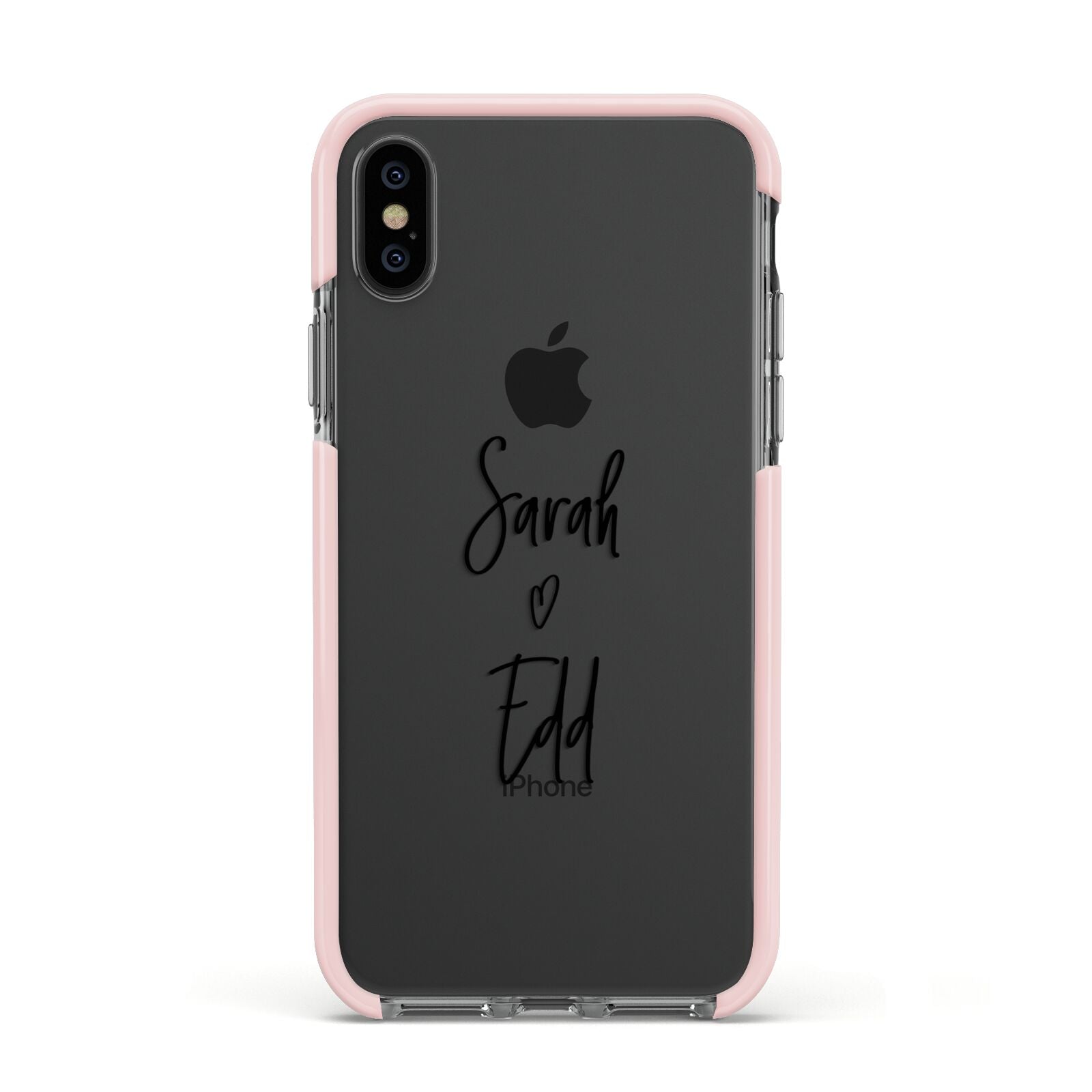 Personalised Valentines Couple Names Black Apple iPhone Xs Impact Case Pink Edge on Black Phone