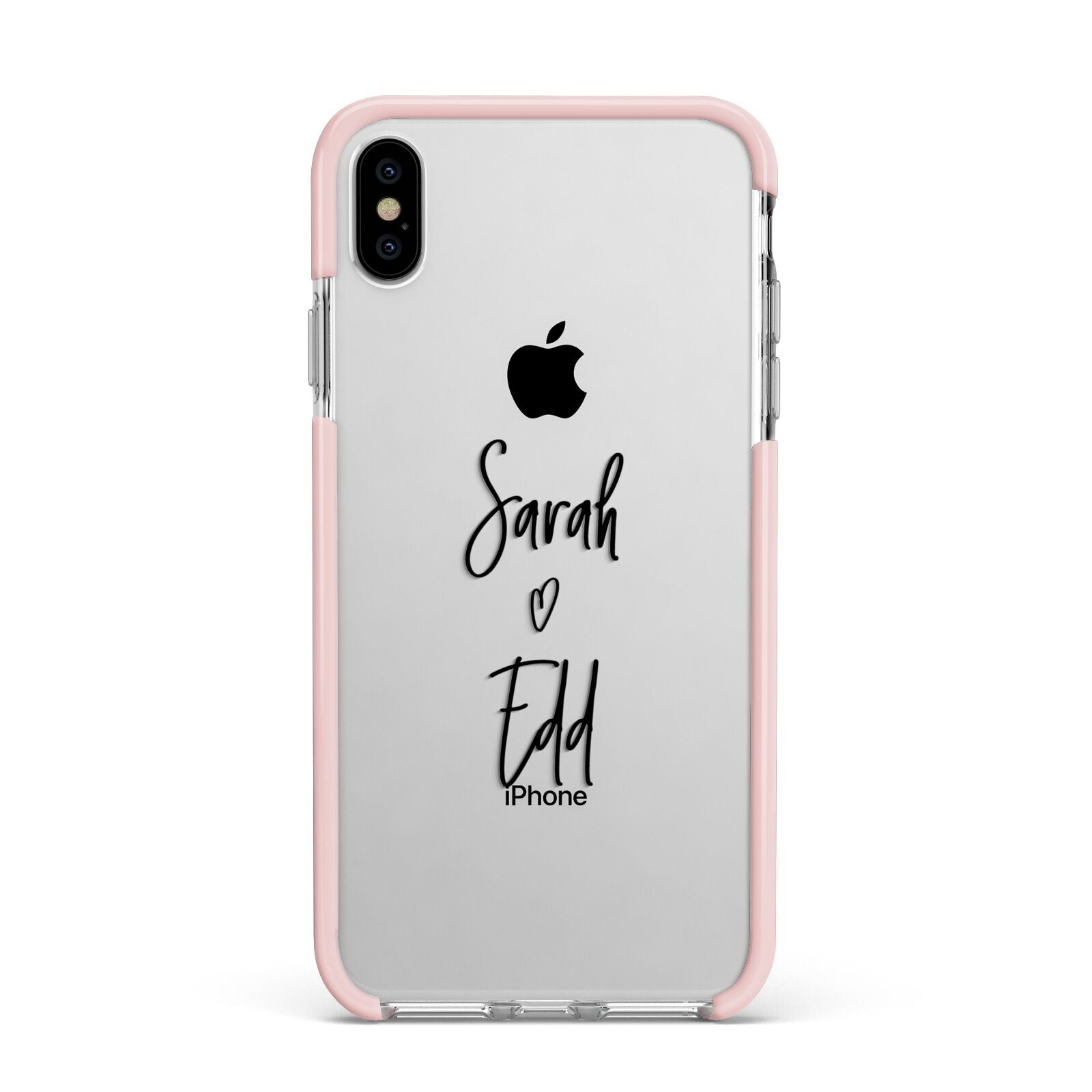 Personalised Valentines Couple Names Black Apple iPhone Xs Max Impact Case Pink Edge on Silver Phone