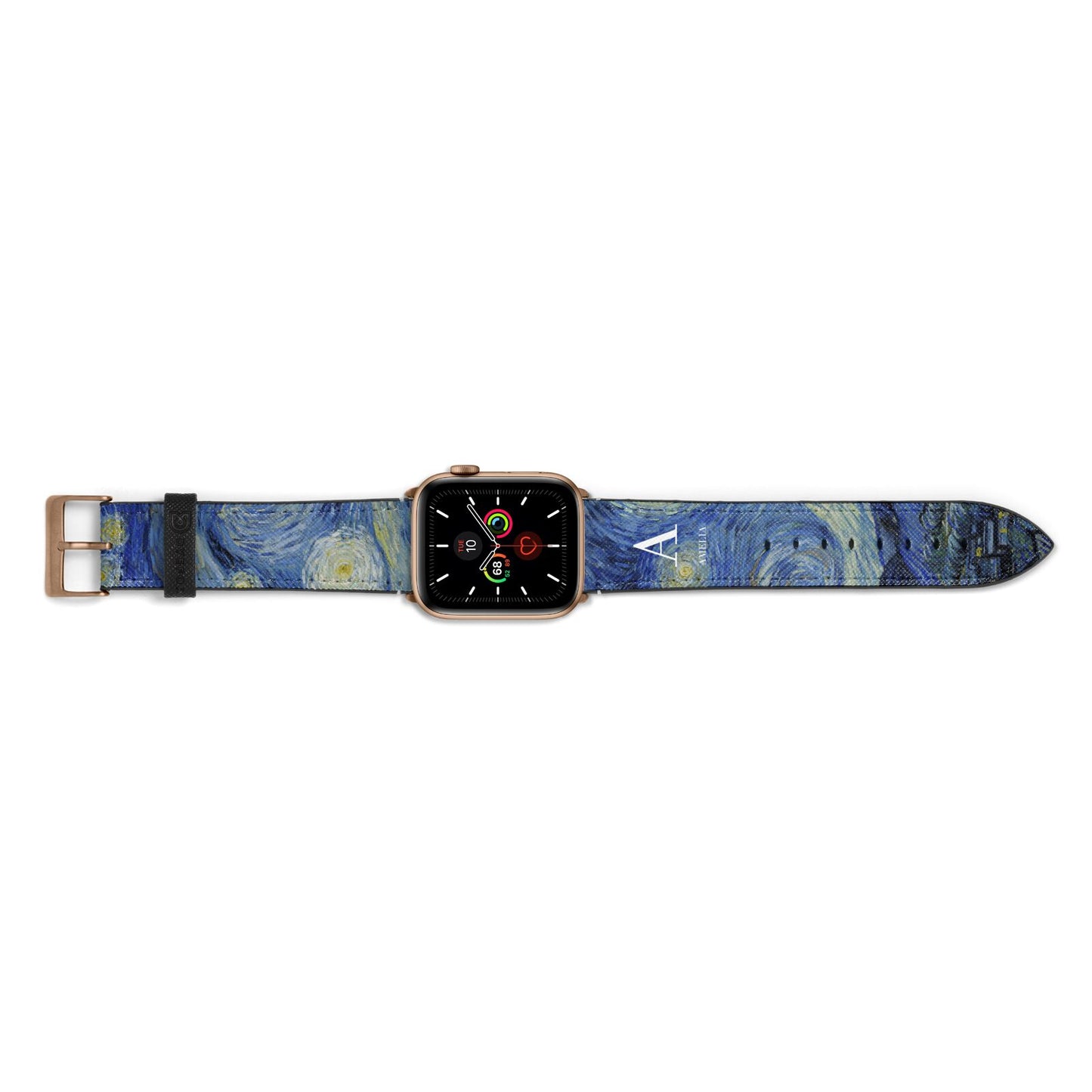 Personalised Van Gogh Starry Night Apple Watch Strap Landscape Image Gold Hardware