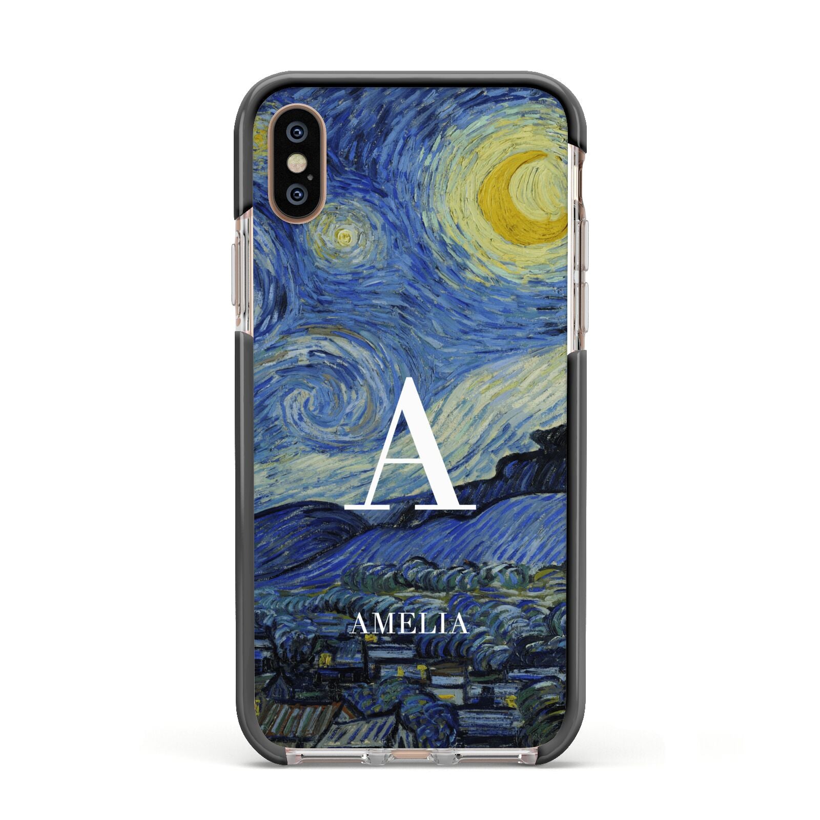 Personalised Van Gogh Starry Night Apple iPhone Xs Impact Case Black Edge on Gold Phone