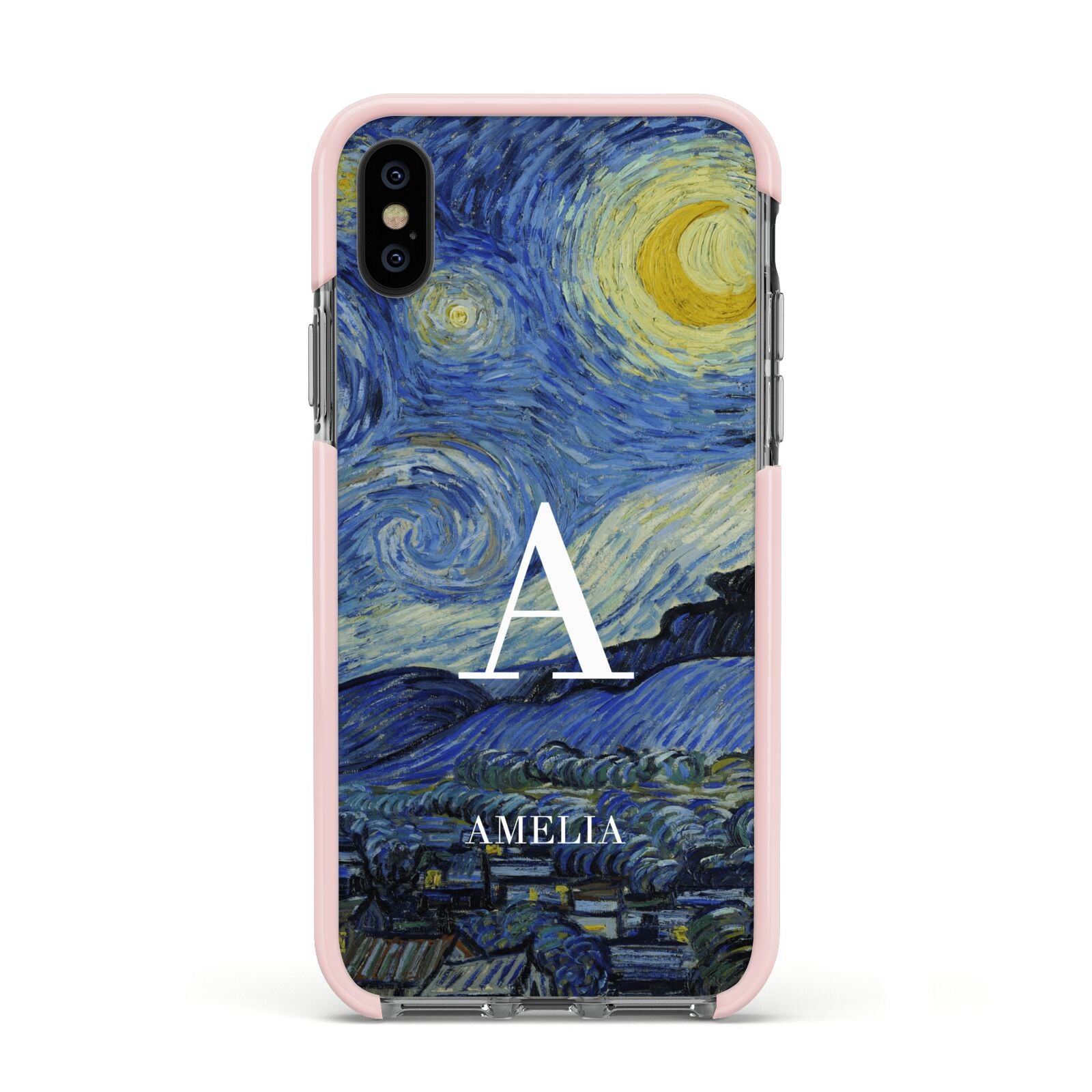 Personalised Van Gogh Starry Night Apple iPhone Xs Impact Case Pink Edge on Black Phone