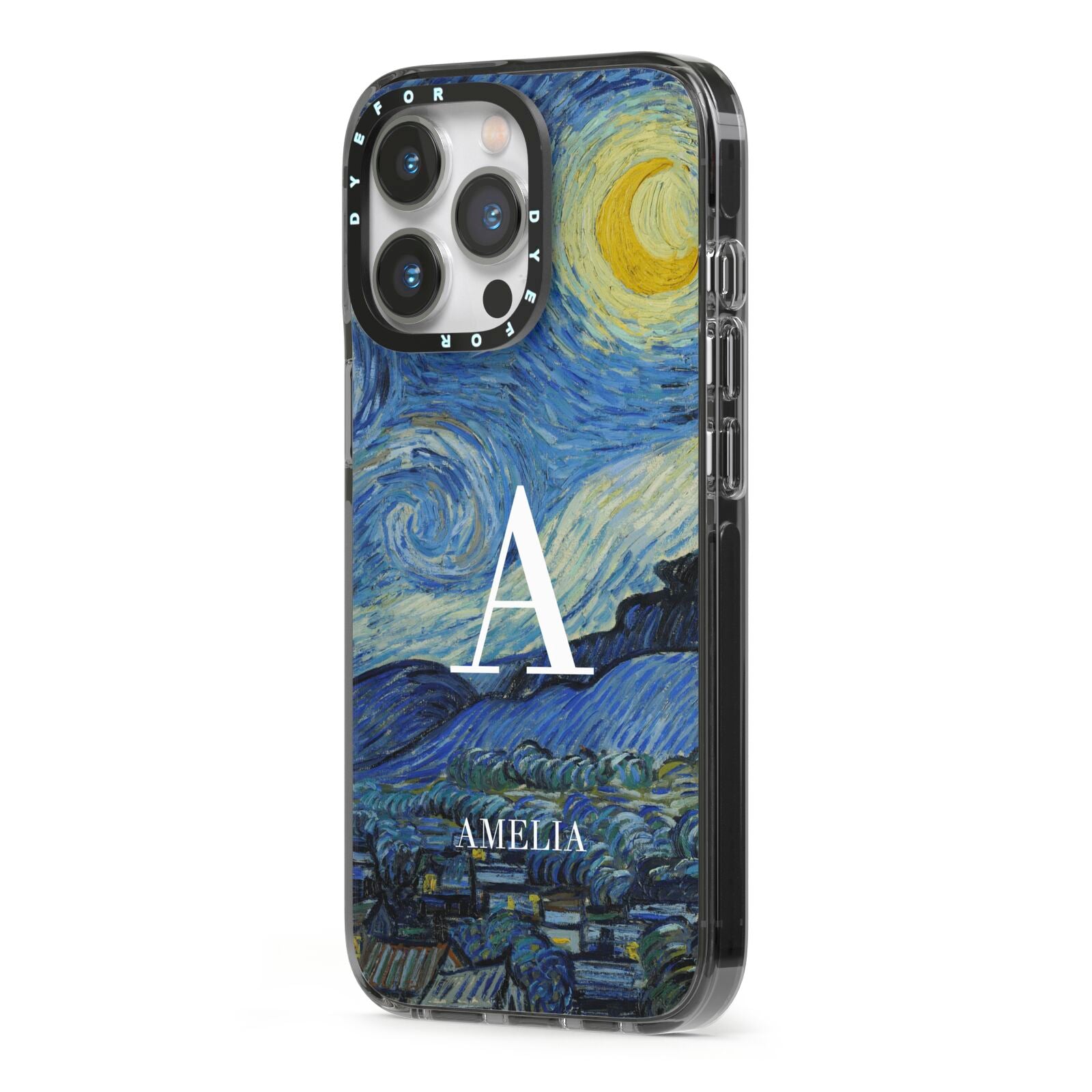 Personalised Van Gogh Starry Night iPhone 13 Pro Black Impact Case Side Angle on Silver phone