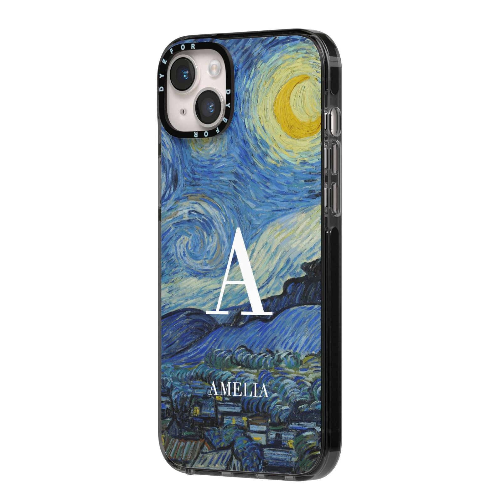 Personalised Van Gogh Starry Night iPhone 14 Plus Black Impact Case Side Angle on Silver phone