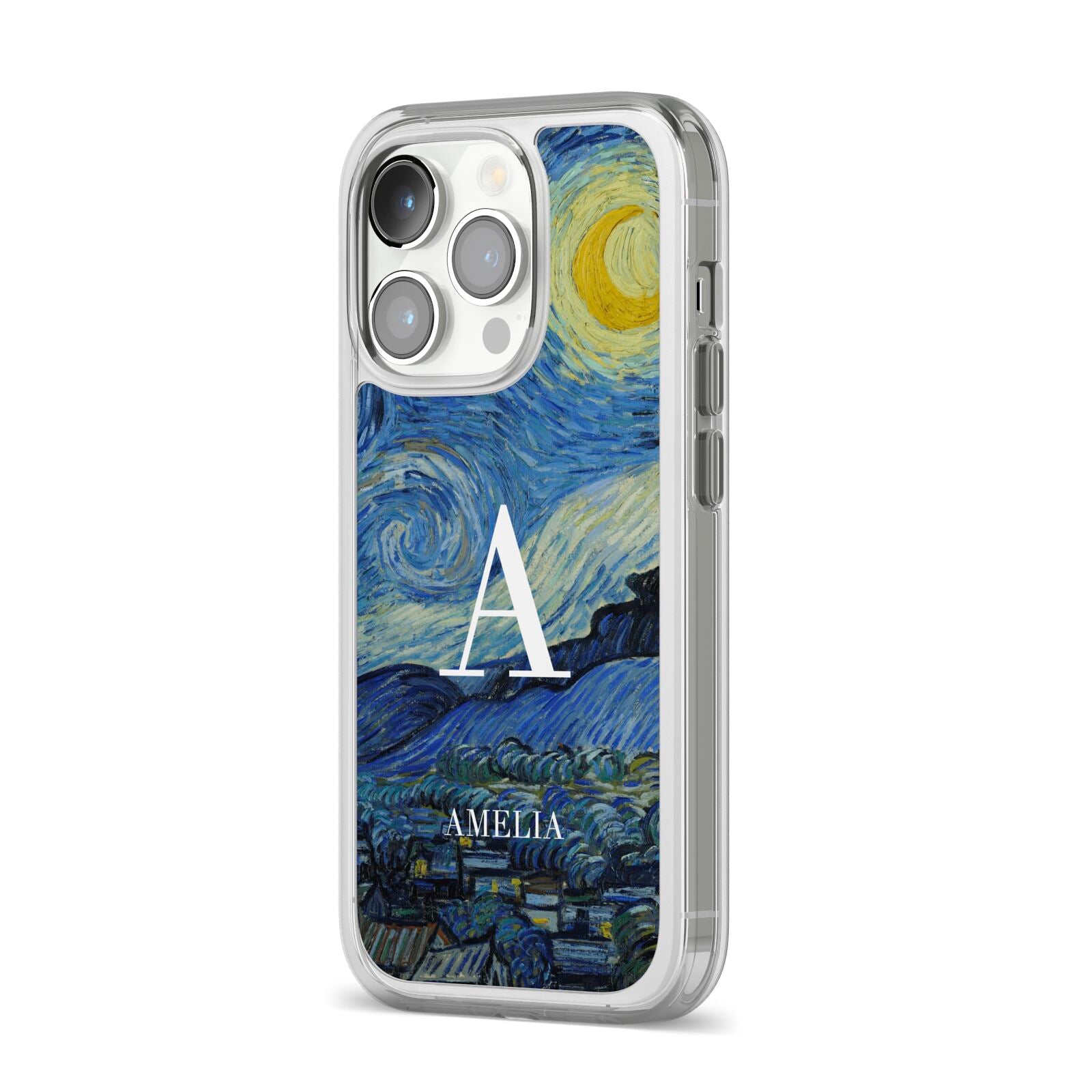 Personalised Van Gogh Starry Night iPhone 14 Pro Clear Tough Case Silver Angled Image