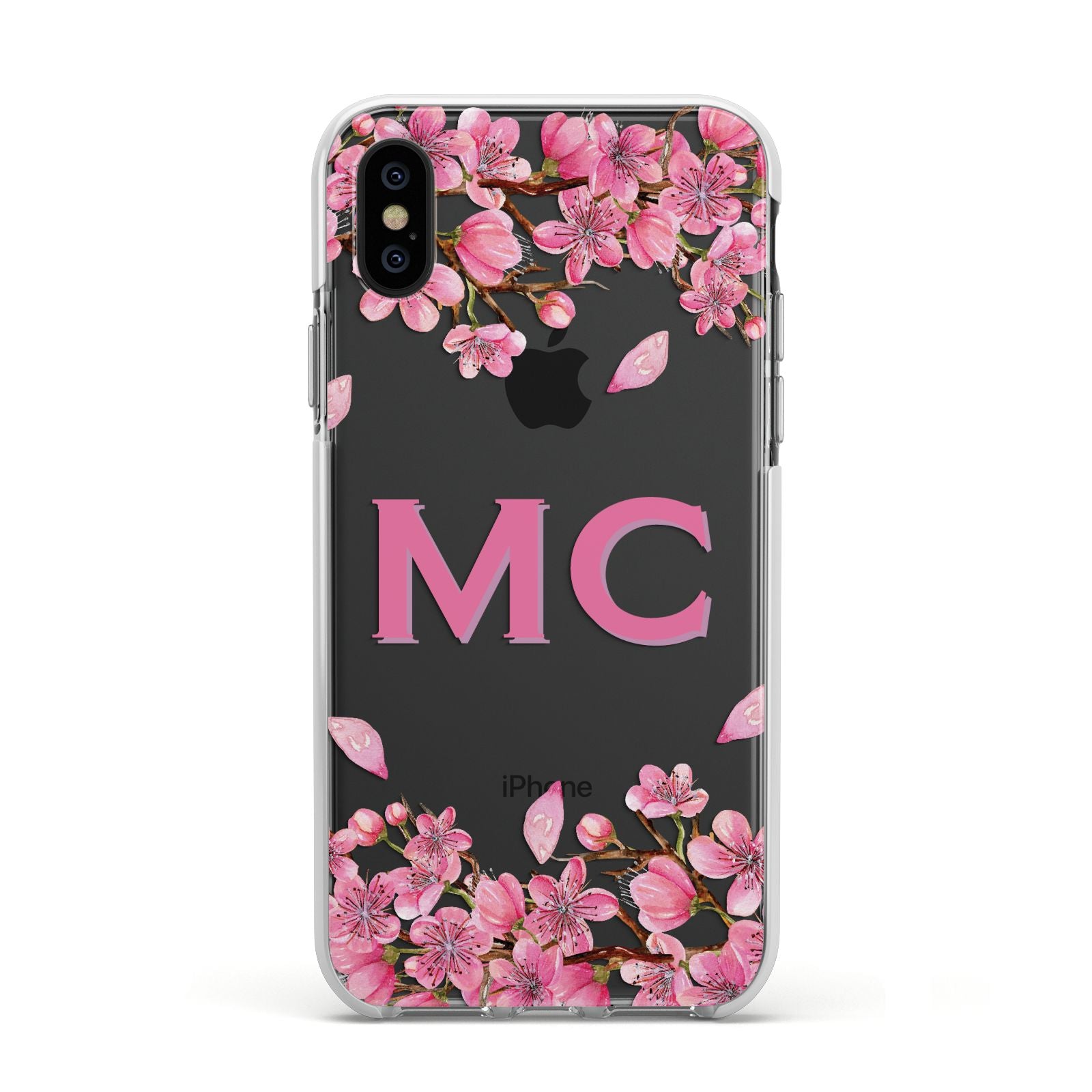 Personalised Vibrant Cherry Blossom Pink Apple iPhone Xs Impact Case White Edge on Black Phone