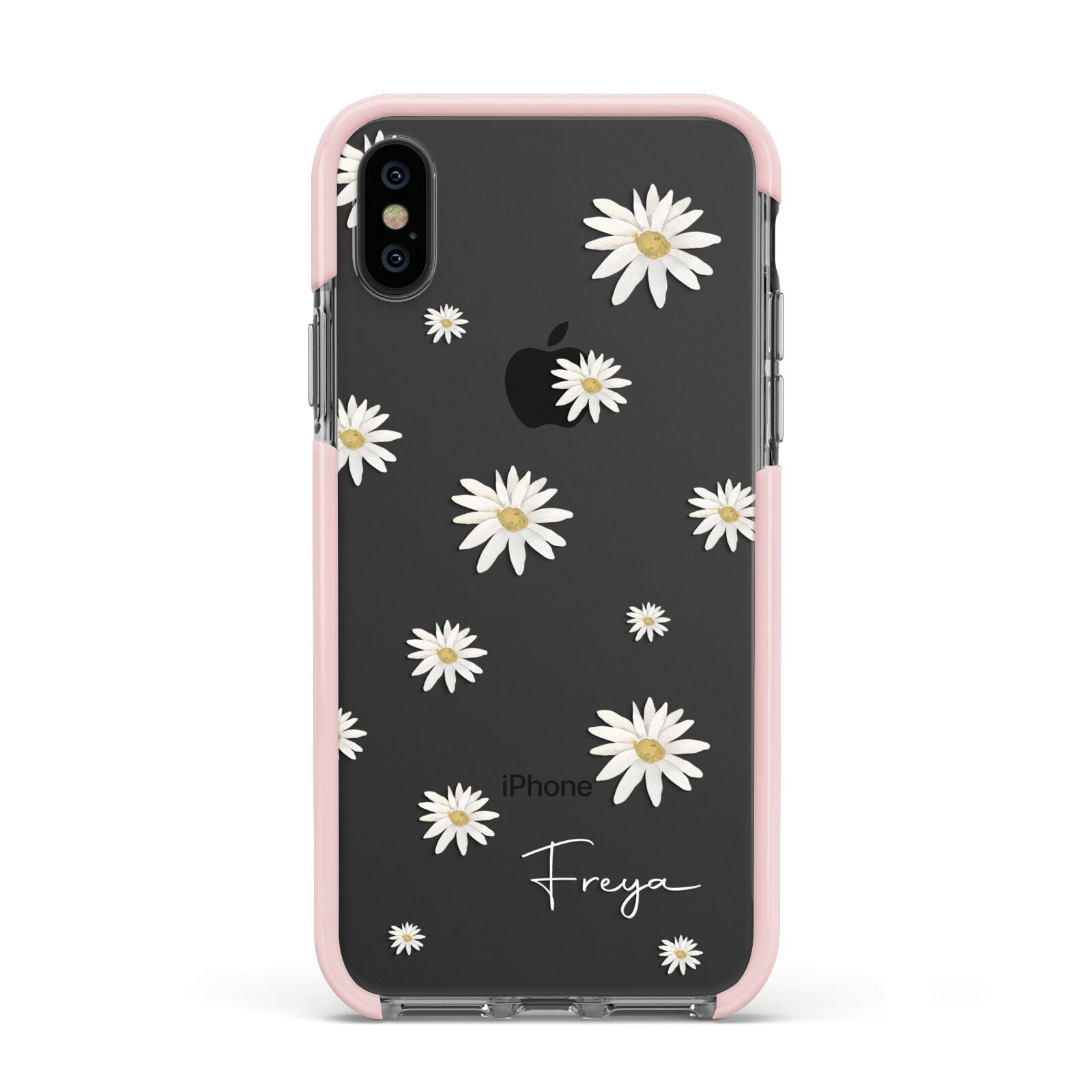 Personalised Vintage Daisy Apple iPhone Xs Impact Case Pink Edge on Black Phone