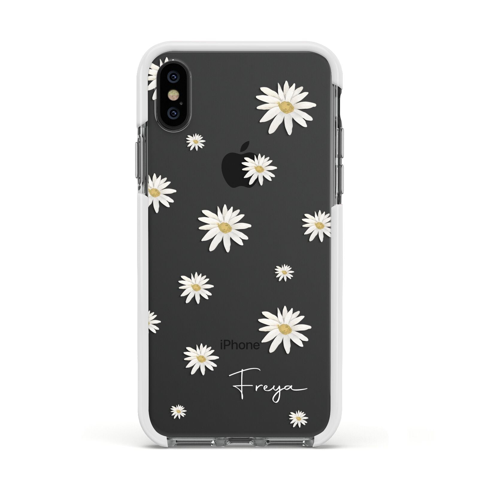 Personalised Vintage Daisy Apple iPhone Xs Impact Case White Edge on Black Phone