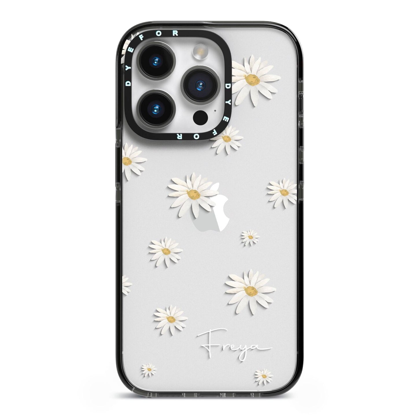 Personalised Vintage Daisy iPhone 14 Pro Black Impact Case on Silver phone