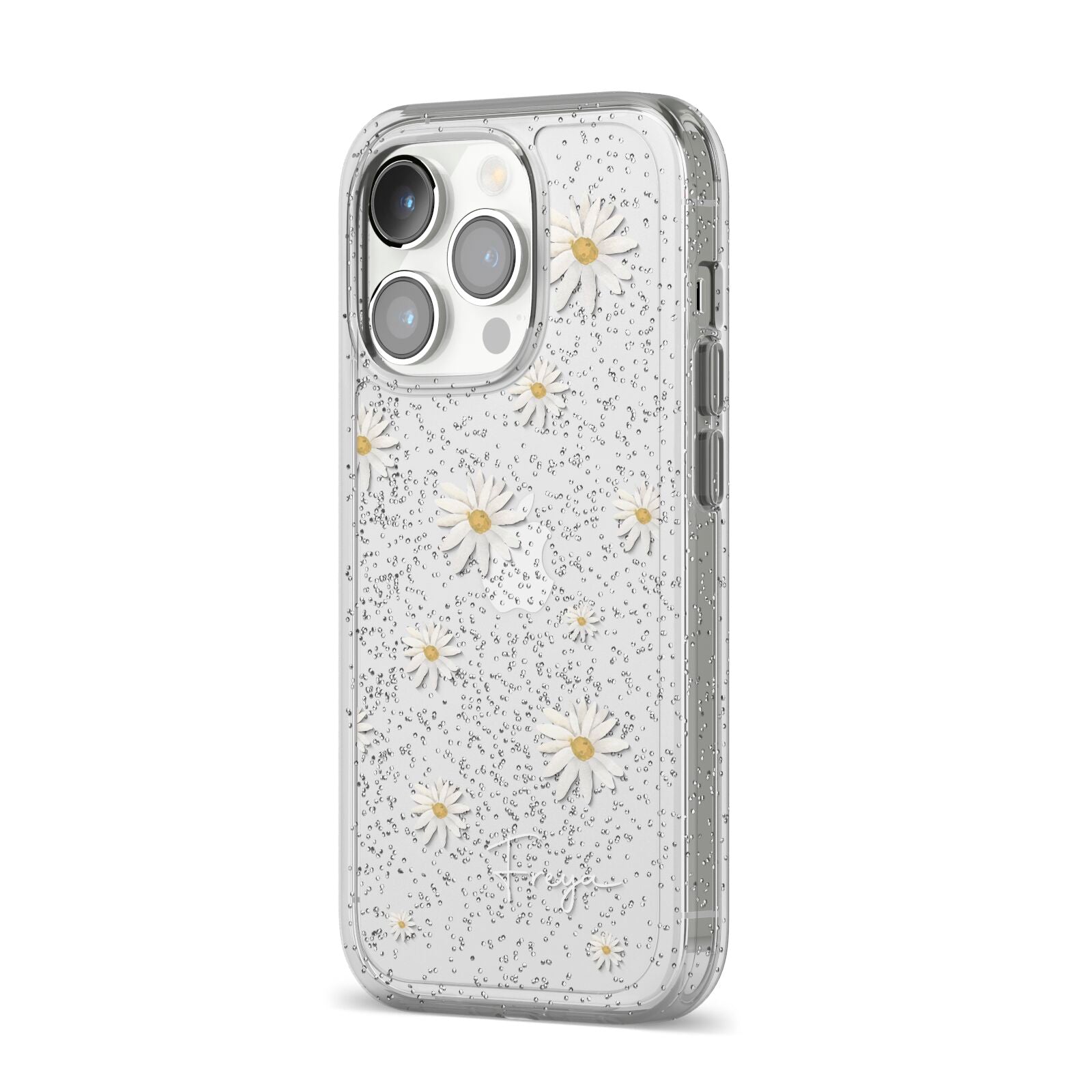 Personalised Vintage Daisy iPhone 14 Pro Glitter Tough Case Silver Angled Image