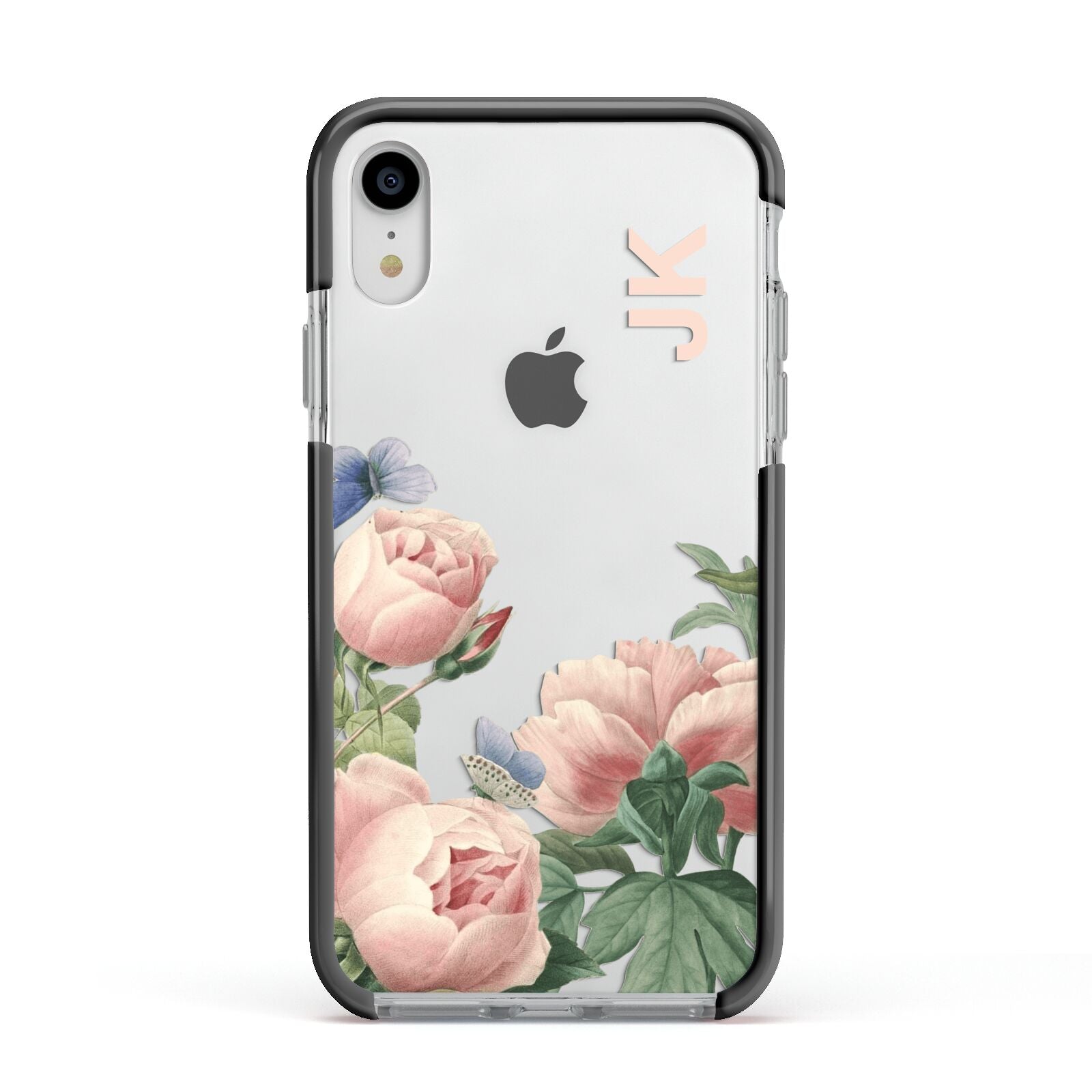 Personalised Vintage Flowers Apple iPhone XR Impact Case Black Edge on Silver Phone