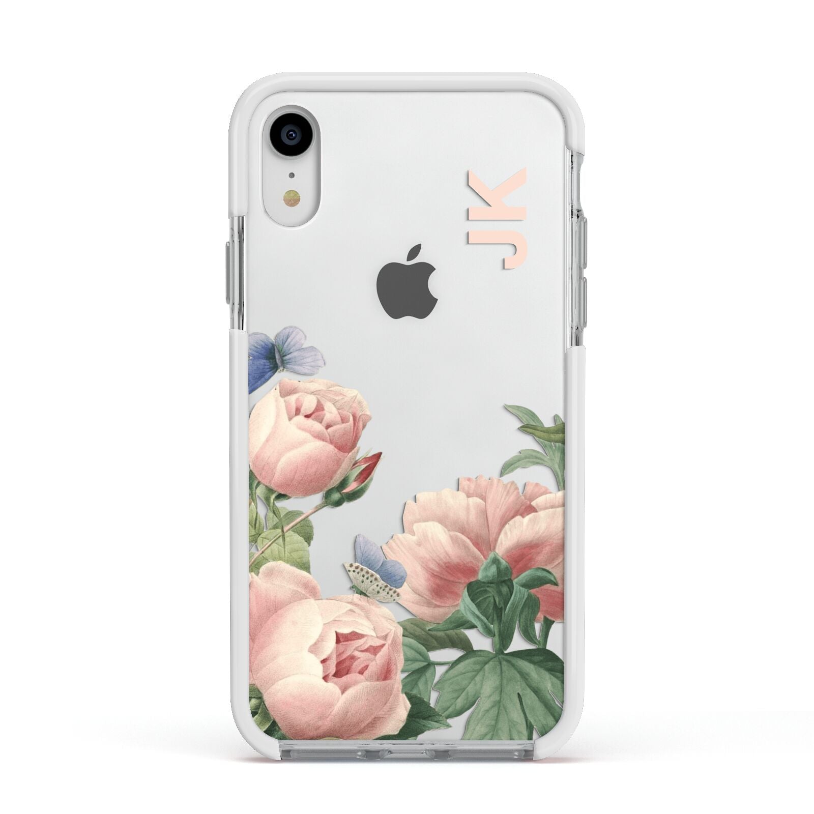 Personalised Vintage Flowers Apple iPhone XR Impact Case White Edge on Silver Phone