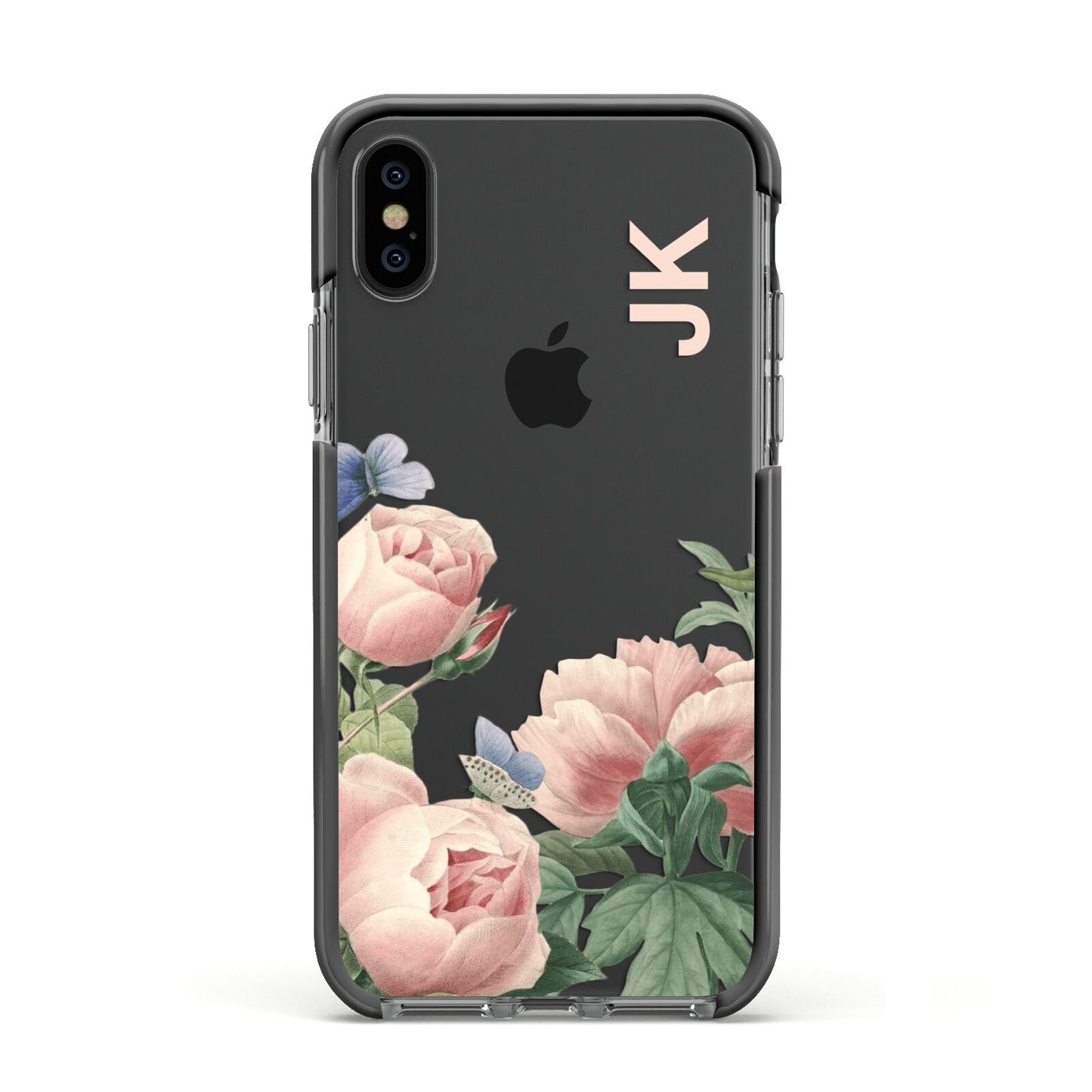 Personalised Vintage Flowers Apple iPhone Xs Impact Case Black Edge on Black Phone