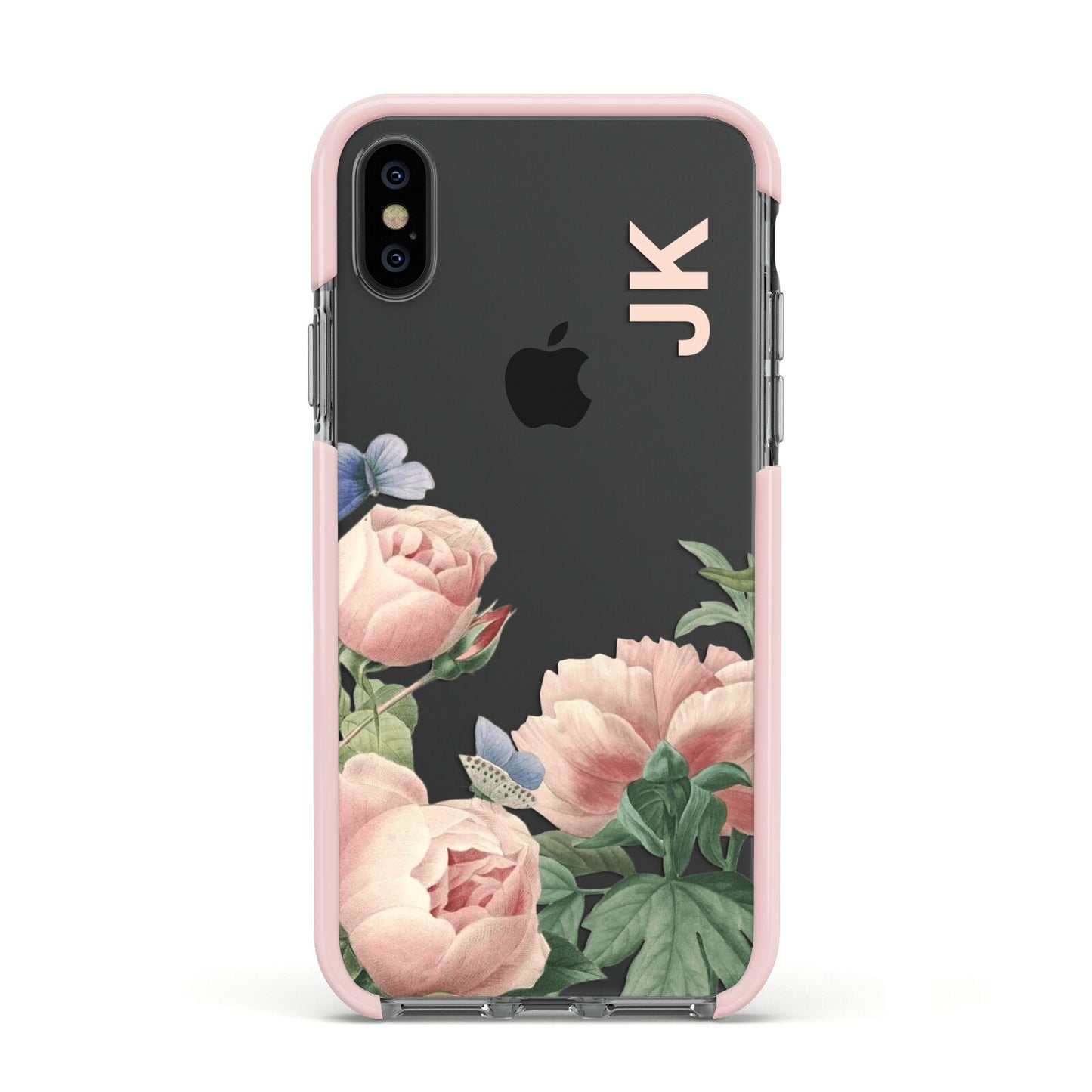 Personalised Vintage Flowers Apple iPhone Xs Impact Case Pink Edge on Black Phone