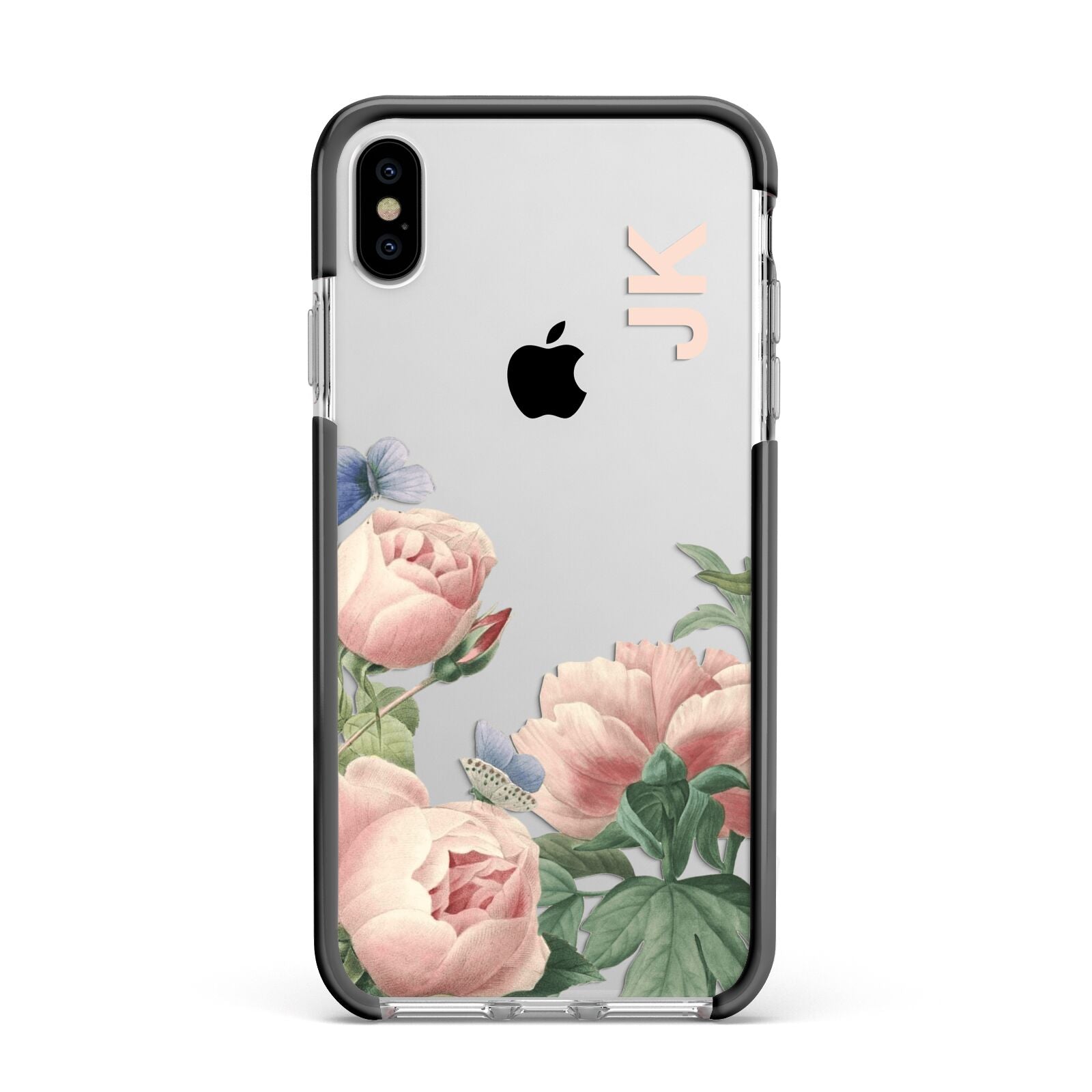 Personalised Vintage Flowers Apple iPhone Xs Max Impact Case Black Edge on Silver Phone